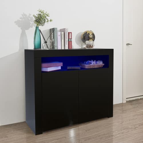 Modern Black Wooden Sideboard Storage Cabinet with LED Lights - 2 Door Buffet TV Stand for Living Room, Dining Room & Hallway | Perfect for Home Decor, Kitchen Storage & Display Organizer