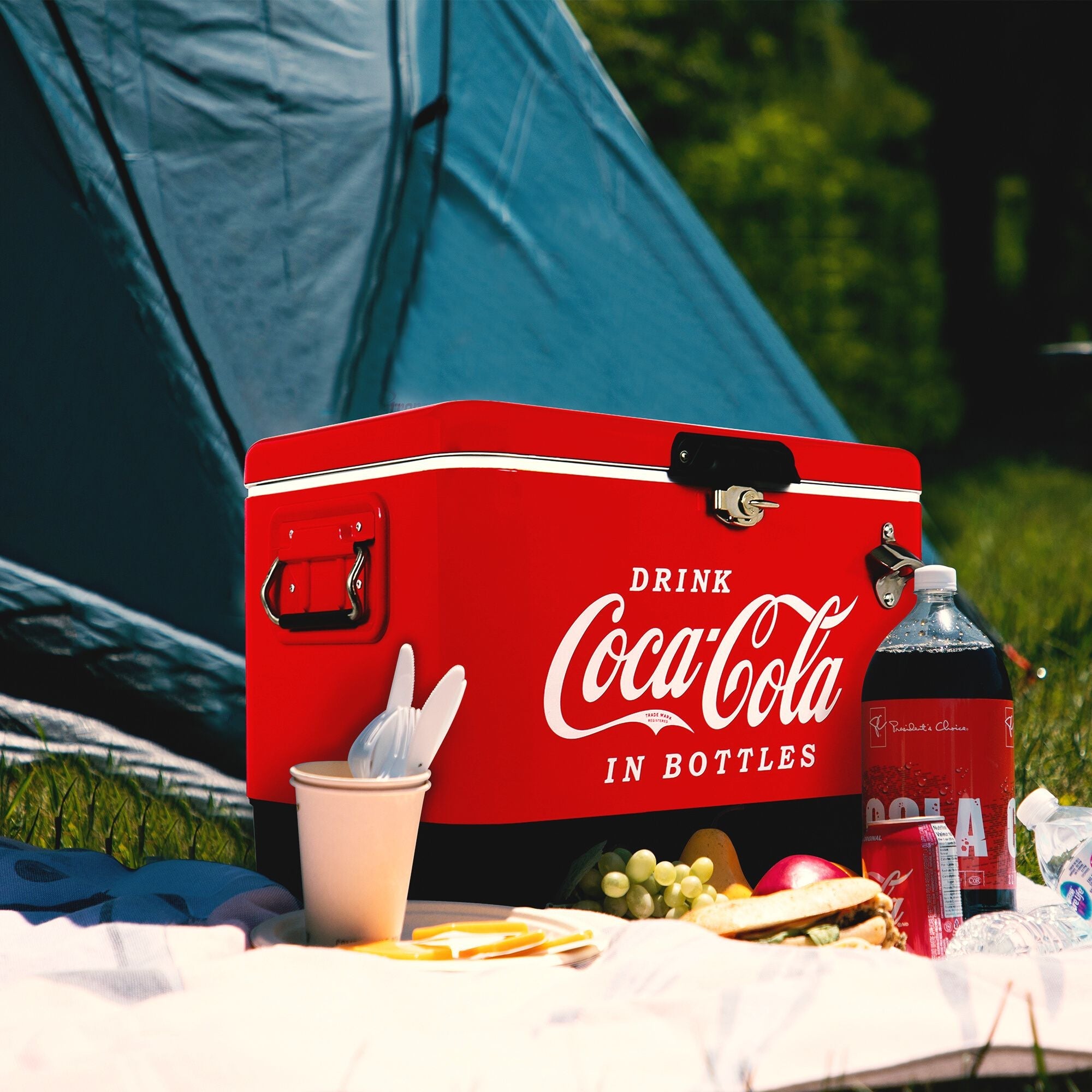 **Coca Cola 51L (54 qt) Portable Ice Chest Cooler with Bottle Opener - Holds 85 Cans, Red & Black - Perfect for Camping, Beach, RV, BBQs, Tailgating, Fishing & Outdoor Adventures**