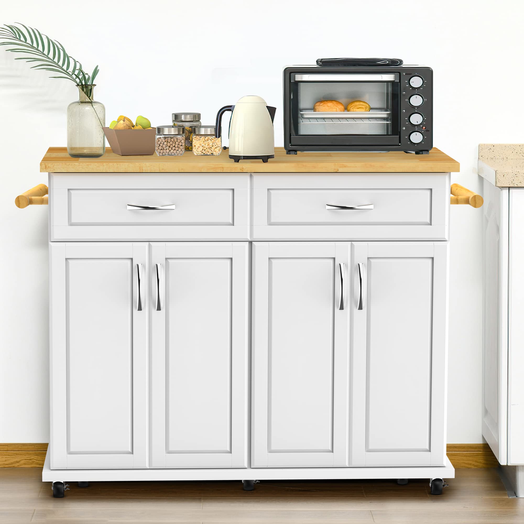 White Kitchen Island Cart with Storage Cabinet & Drawer - 48