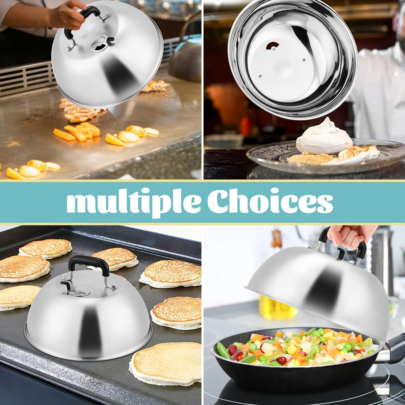 12-Inch Stainless Steel Cheese Melting Dome with Adjustable Vent - Heavy Duty Basting Cover for Flat Top Griddle, Teppanyaki, Indoor & Outdoor Cooking - Dishwasher Safe - Perfect for Melting Cheese, Steaming Vegetables & Keeping Food Warm