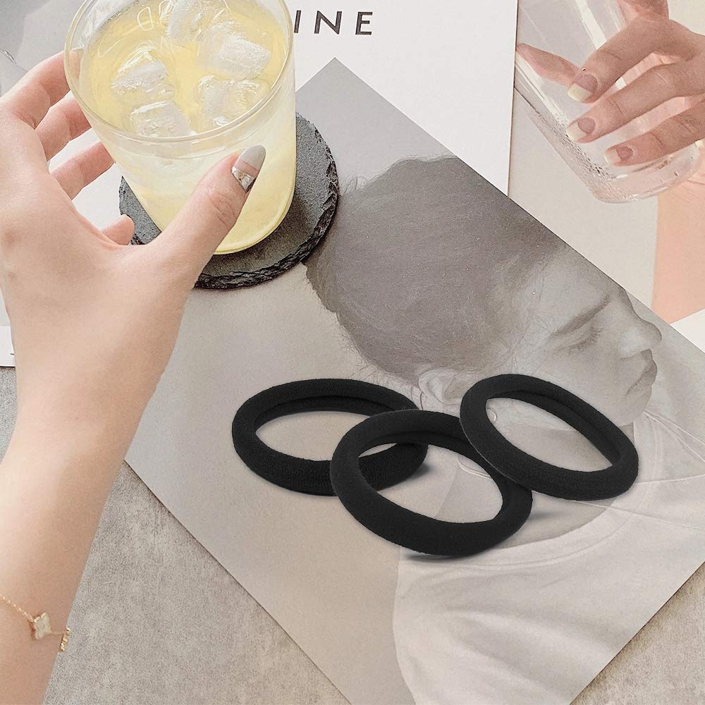 IKOCO 50Pcs Black Cotton Hair Ties - Seamless No Damage Hair Bands for Thick Hair, Soft Ponytail Holders for Women & Men - Perfect for Workouts, Office & Daily Styling
