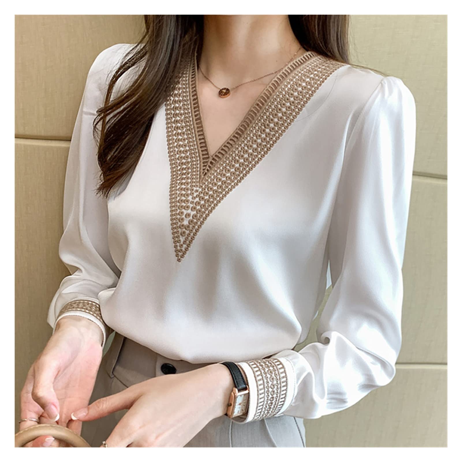 Elegant White Long Sleeve Chiffon Blouse for Women - V-Neck Embroidery Top (Size S) | Perfect for Office Wear, Date Nights & Special Occasions