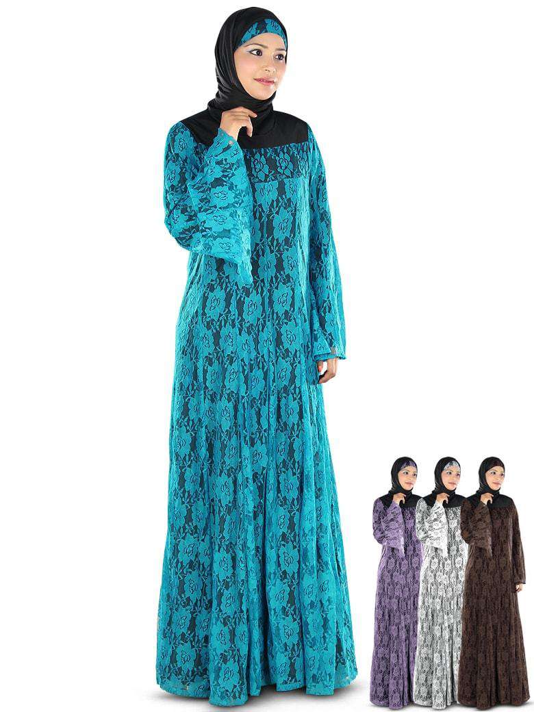 Elegant Turquoise Blue Floral Net Abaya Dress - Modest Islamic Fashion for Women - Perfect for Prayer, Eid, and Special Occasions