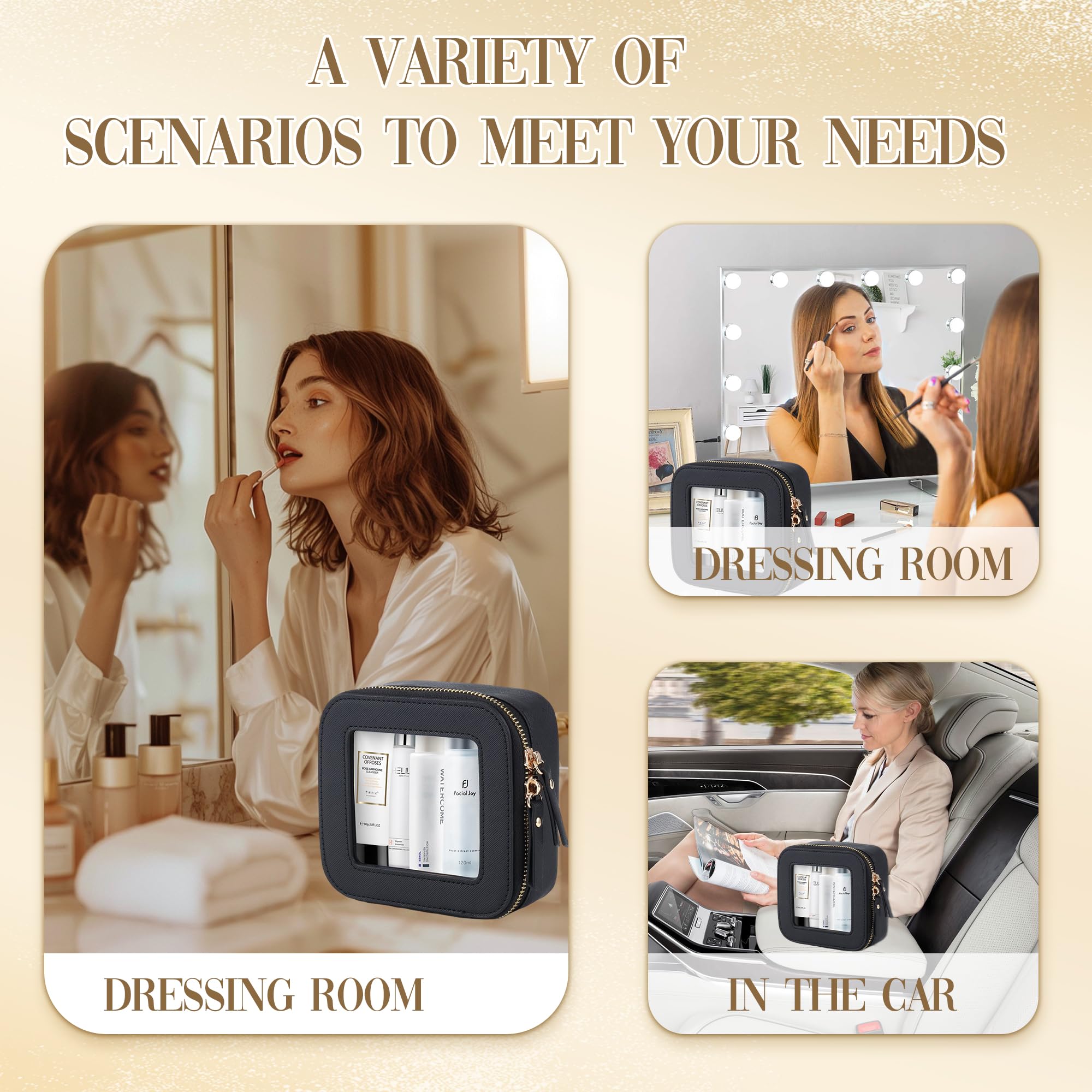 Clear Makeup Bag for Travel - Small Leather Cosmetic Pouch Organizer with Zipper, TSA Approved Waterproof Square Makeup Case for School, Carry-On Essentials (Mini-Black) | Perfect for Airports, Gym & Daily Use