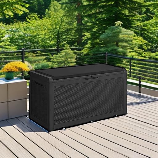 **Devoko 100 Gallon Waterproof Large Resin Deck Box - Outdoor & Indoor Storage Container with Lockable Lid & Cushion - Perfect for Patio Furniture, Garden, Pool Cushions, Toys & Seasonal Items (Black)**