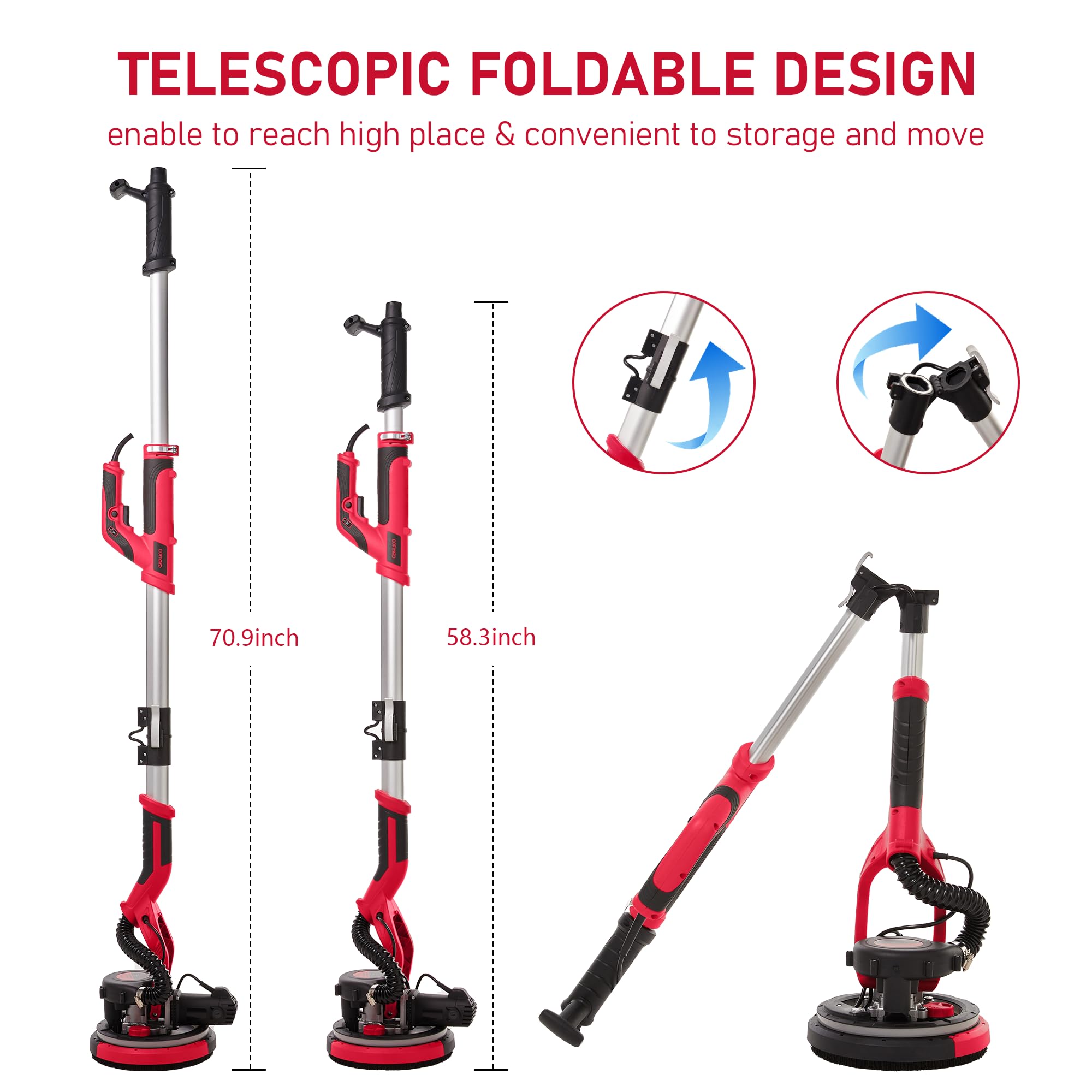 1250W Electric Drywall Sander with Vacuum Dust Collector - 7 Speed Adjustable LED Light (900-1800RPM) - Foldable Extendable Handle for Ceiling & Popcorn Removal - Professional Drywall Sanding Tool for Home Renovation and Construction Projects