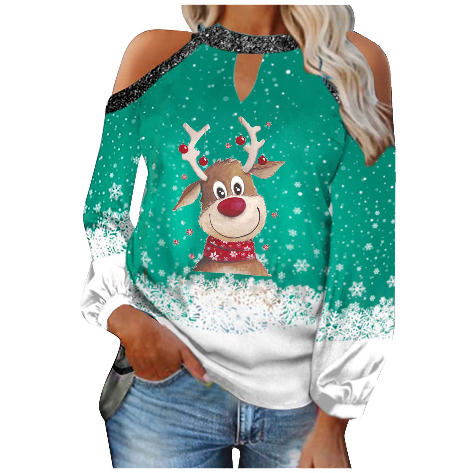 Sparkly Sequin Tops for Women | Christmas Party Wine Glass Graphic Tees | Cold Shoulder & Color Block Cute Shirts | Perfect for Holiday Parties, Girls Night Out & Festive Gatherings