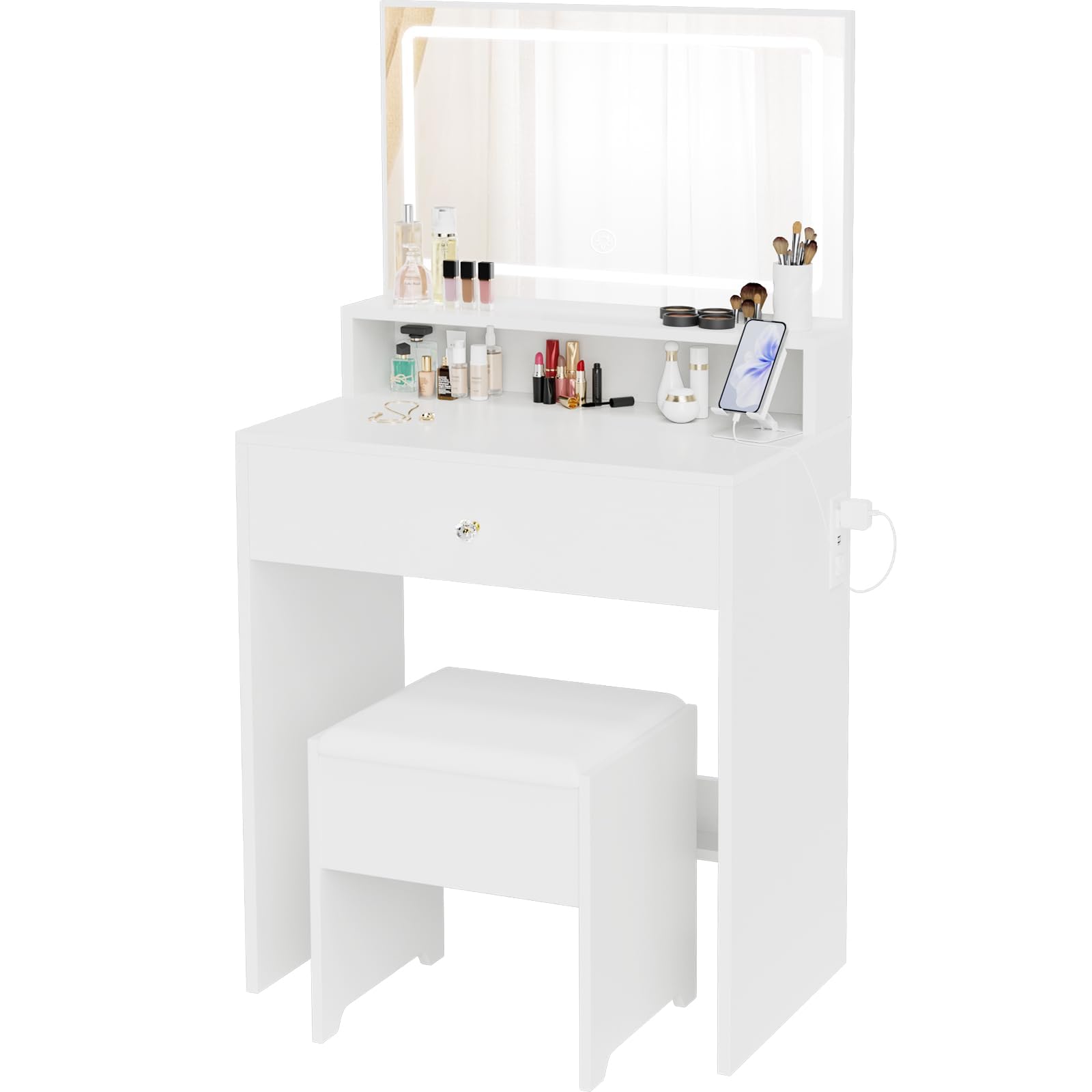 Small Vanity Desk with Mirror & LED Lights - Kids Makeup Vanity Table Set for Girls with Chair & Power Outlet, Compact Space-Saving Dressing Table for Bedroom, Perfect for Birthday Gifts & Princess Room Decor