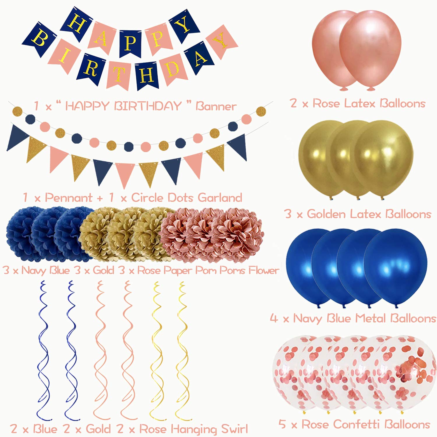 Navy Rose Gold Birthday Party Decorations Set - Paper Pom Poms, Happy Birthday Banner, Garland & Latex Balloons for Women, Men, Girls | Perfect for Baby Showers, Bridal Showers & Birthday Parties