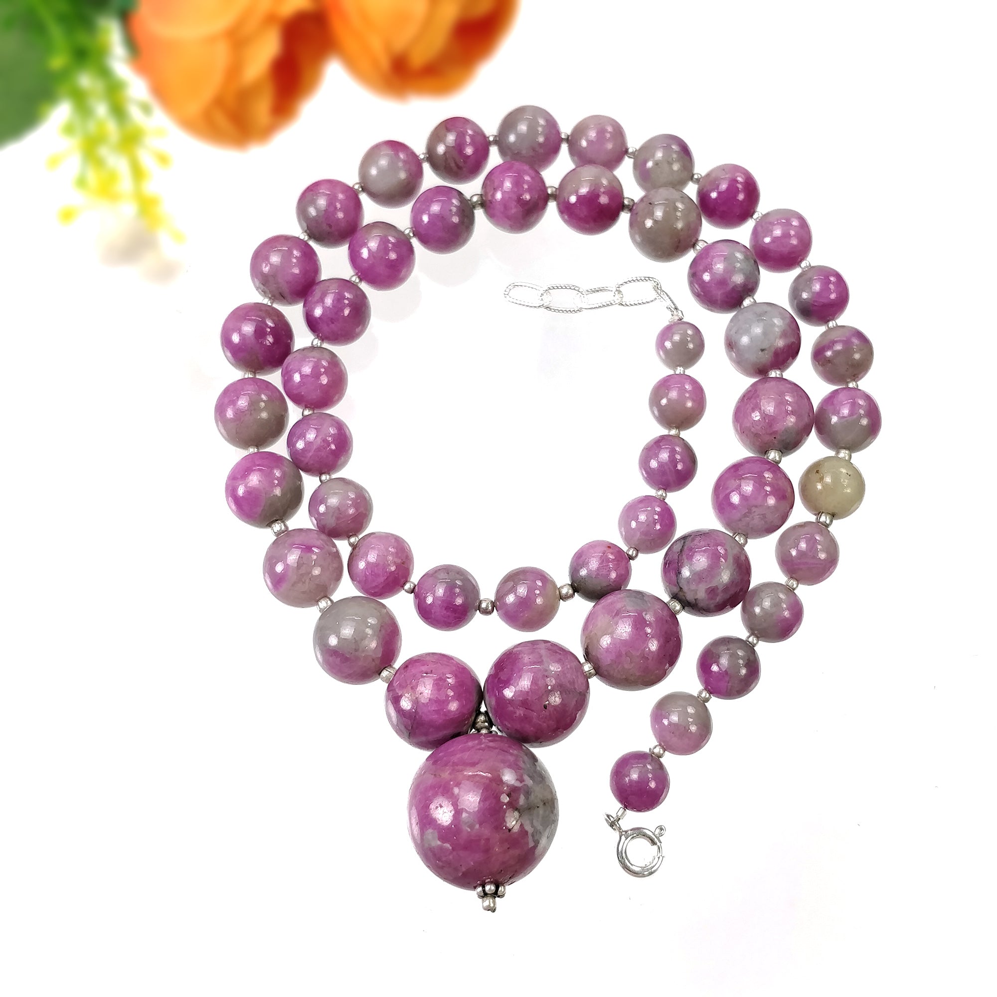 Natural Untreated Bi-Color Zoisite Ruby Gemstone Necklace - 437.35cts Genuine Ruby Balls with 925 Sterling Silver (7.5mm-21mm) | Elegant Jewelry for Women, Perfect for Weddings, Parties & Special Occasions