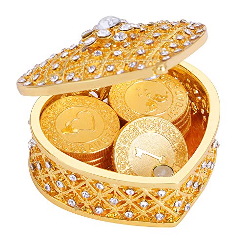 Spanish Wedding Arras Coins Set - 13 Gold Unity Coins in Pearl & Crystal Heart Jewelry Box - Traditional Wedding Ceremony Souvenirs for Bridal Shower, Vow Renewal & Hispanic Wedding Traditions
