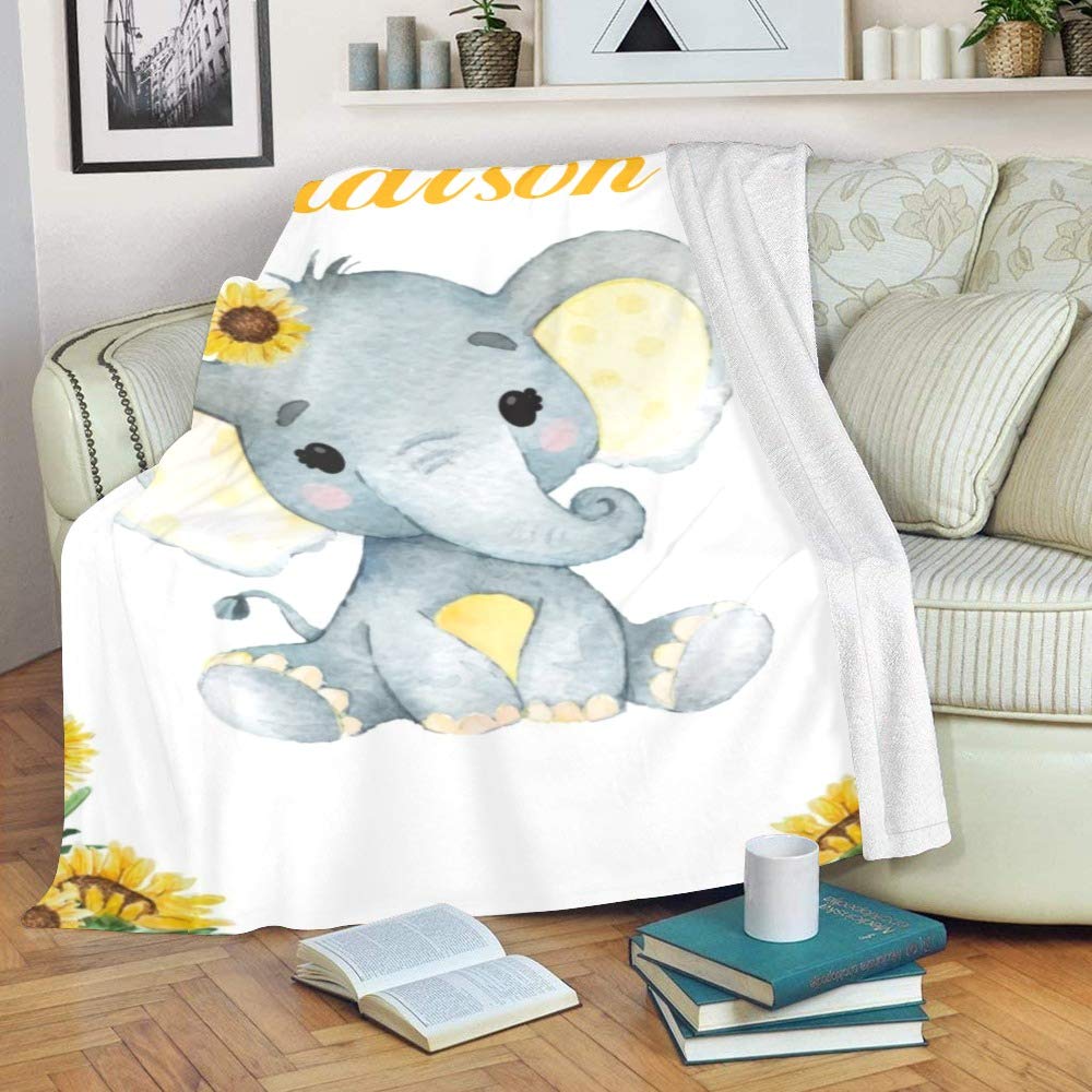 Personalized Kids Fleece Blanket with Name - Custom Elephant Baby Floral Throw Blanket for Bed (30