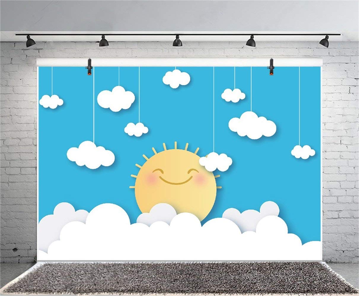 Laeacco 7x5ft Vinyl Baby Photo Backdrop - Cartoon Smiling Sun with Clouds & Blue Sky Design for Newborn Photography, Birthday Parties, Cake Smash & Nursery Decor | Waterproof, Durable Kids Photography Background