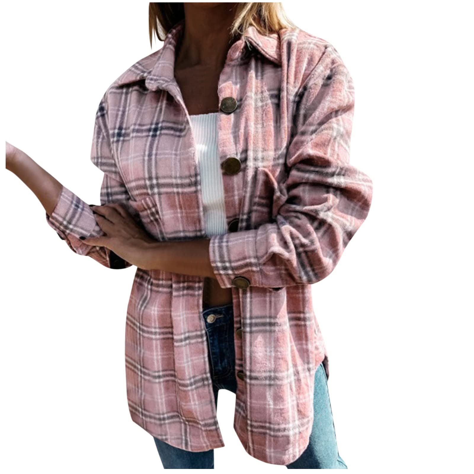 Women's Plaid Long Sleeve Button Down Shirt - Oversized Collar Cardigan Coat for Fall & Winter | Casual Office Wear, Layering Piece, Street Style Fashion