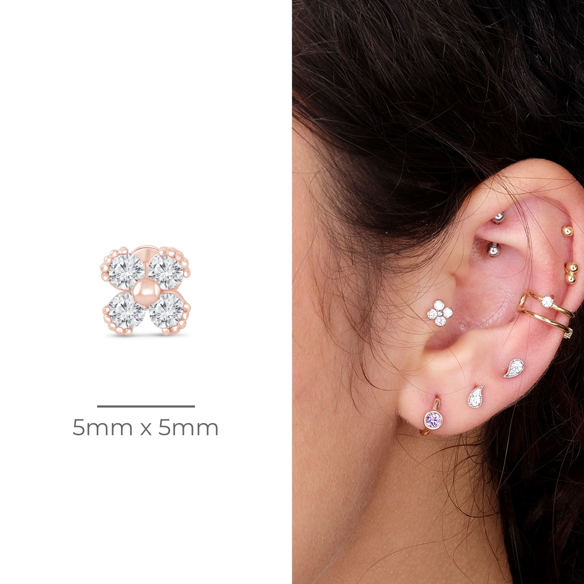 14K Rose Gold Beaded Diamond Four Petal Flower Flat Back Stud Earrings - Perfect for Weddings, Parties & Everyday Elegance