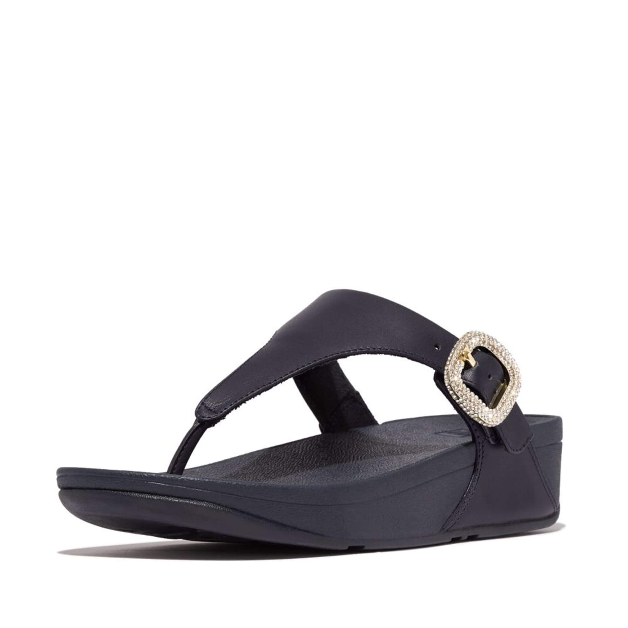 FitFlop Lulu Crystal Buckle Leather Toe Post Sandals for Women - Comfortable Orthopedic Flip Flops with Arch Support, Navy Blue | Perfect for Beach, Pool, and Summer Vacation Outfits
