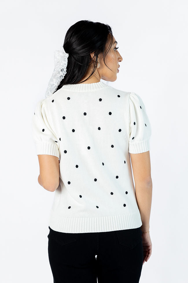Polka Dot Ivory and Black Short Sleeve Sweater for Women - Cozy Knit Pullover Top for Casual Outings, Date Nights & Office Wear