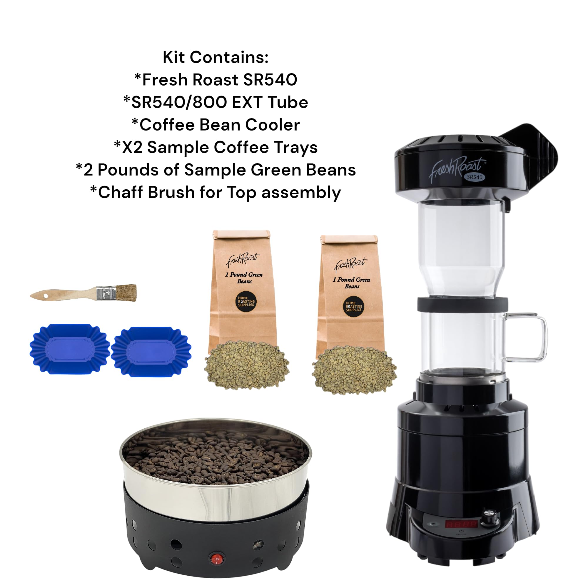 Premium SR540 Fresh Roast Coffee Roaster Bundle with Glass Extension Tube & Bean Cooler - Includes 2 Lbs Green Coffee Beans & (2-Pack) Sample Trays - Perfect for Home Roasting & Coffee Enthusiasts