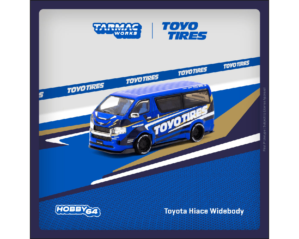 PREORDER Tarmac Works 1:64 Scale Toyota Hiace Widebody Toyo Tires Diecast Model Car in Blue - Perfect for Collectors, Display, and Racing Scenes