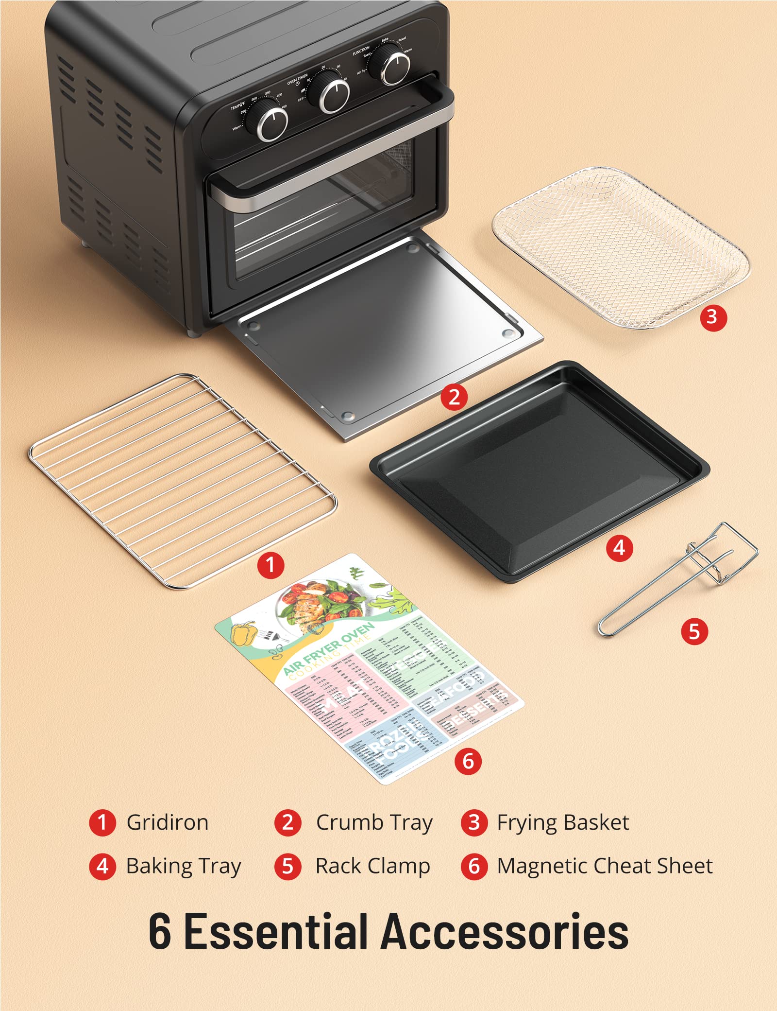 PARIS RHÔNE 14.8 Quart Air Fryer Toaster Oven Combo - 5-in-1 Convection Oven for Toast, Pizza, Baking, Roasting & Broiling - Large Capacity for 4-Slice Toast & 9-inch Pizza - Easy Knob Control with 6 Dishwasher Safe Accessories - Perfect for Family Cooking & Small Kitchen Spaces (PE-AF013, Black)