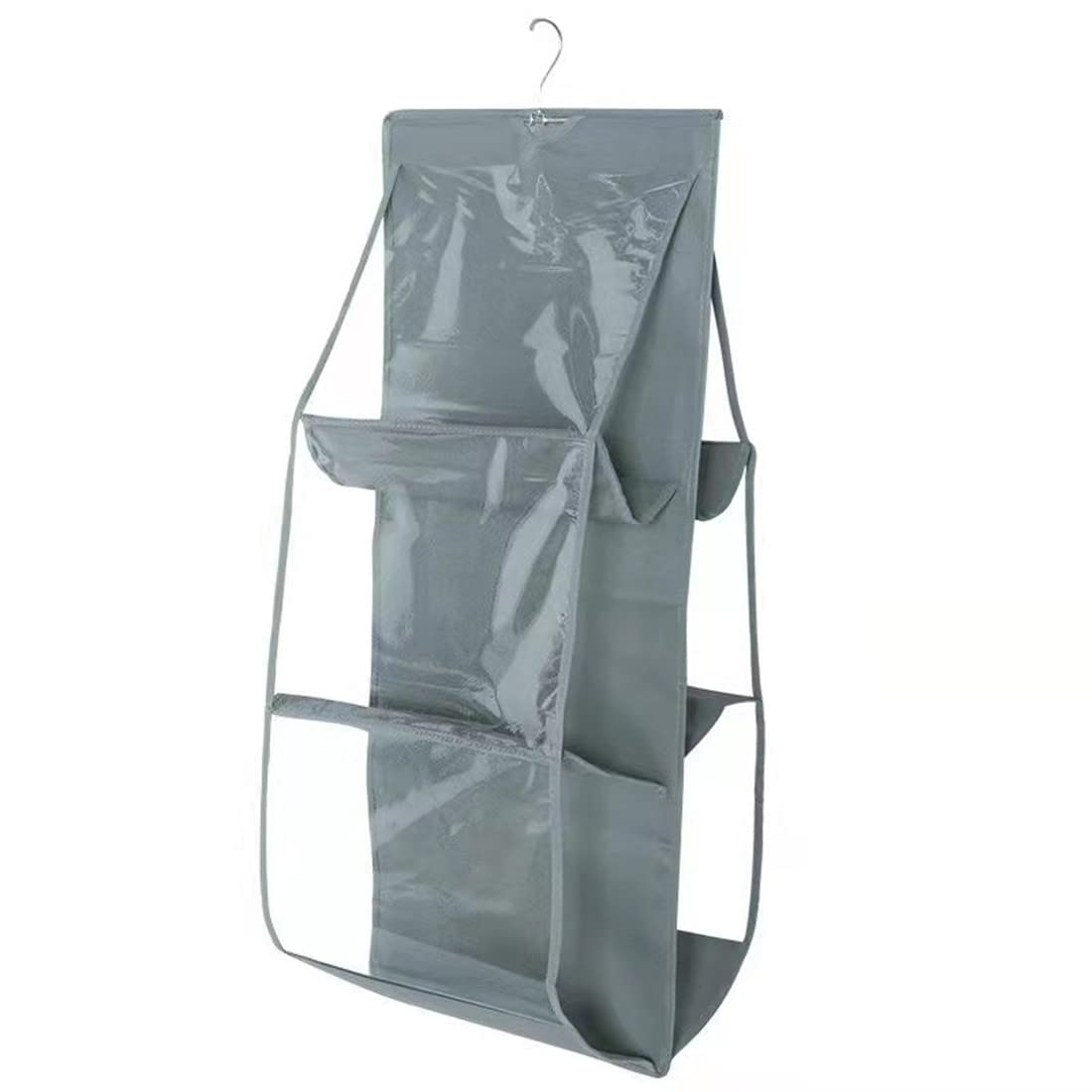Hanging Purse Organizer with 6 Large Clear Pockets - Dustproof Handbag Storage Holder for Closet & Wardrobe - Space Saving Hanger for Purses (Grey) - Perfect for Home, Office & Travel Organization