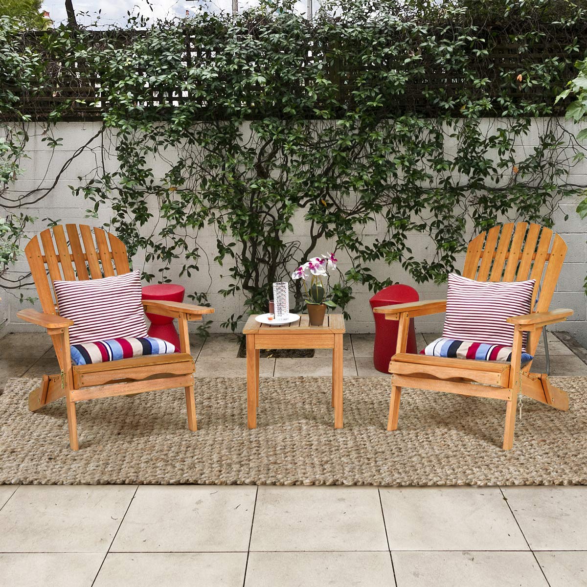 Giantex 3-Piece Foldable Adirondack Chair Set with Side Table - Wide Armrests, Sturdy Eucalyptus Wood Frame - Outdoor Patio, Poolside & Garden Lounge Furniture for Relaxing