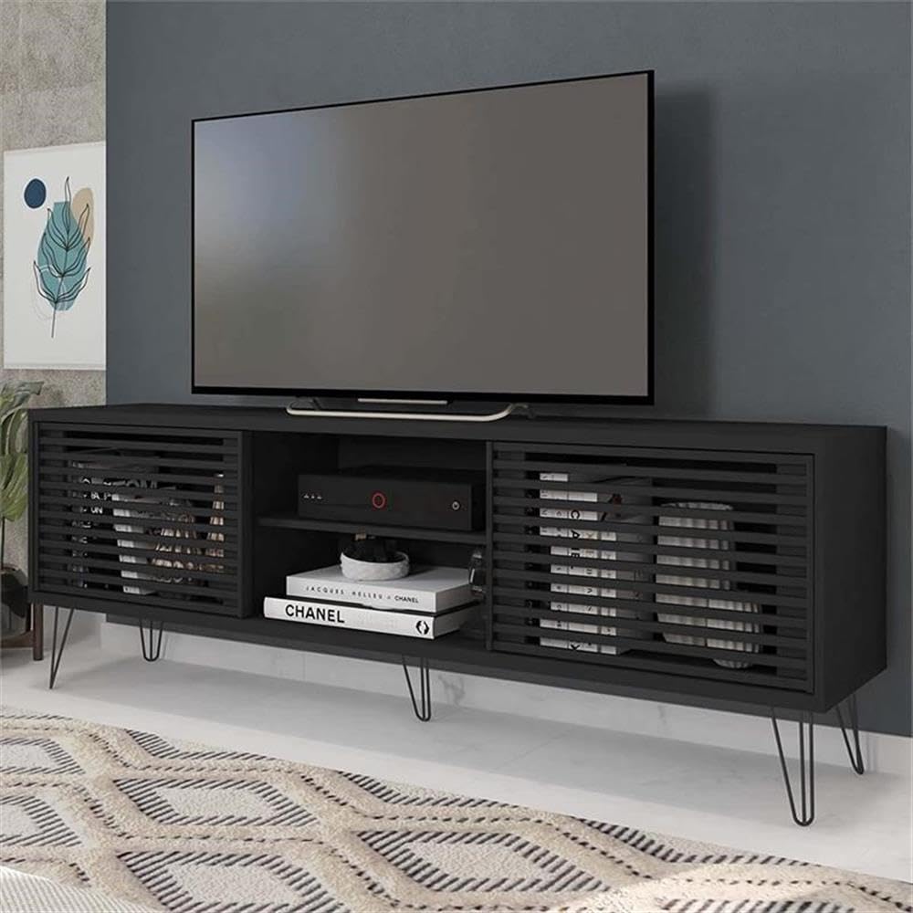 Better Home Products Black Mid-Century Modern TV Stand for 70 Inch Flat Screen - Perfect for Living Room, Home Theater & Entertainment Center Setup