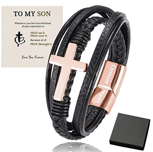 Handmade Braided Leather Bracelet for Men - Adjustable Rope Wristband with Rose Gold 'To My Son' Engraving | Custom Gift for Son, Grandson | Perfect for Birthdays, Father's Day & Special Occasions