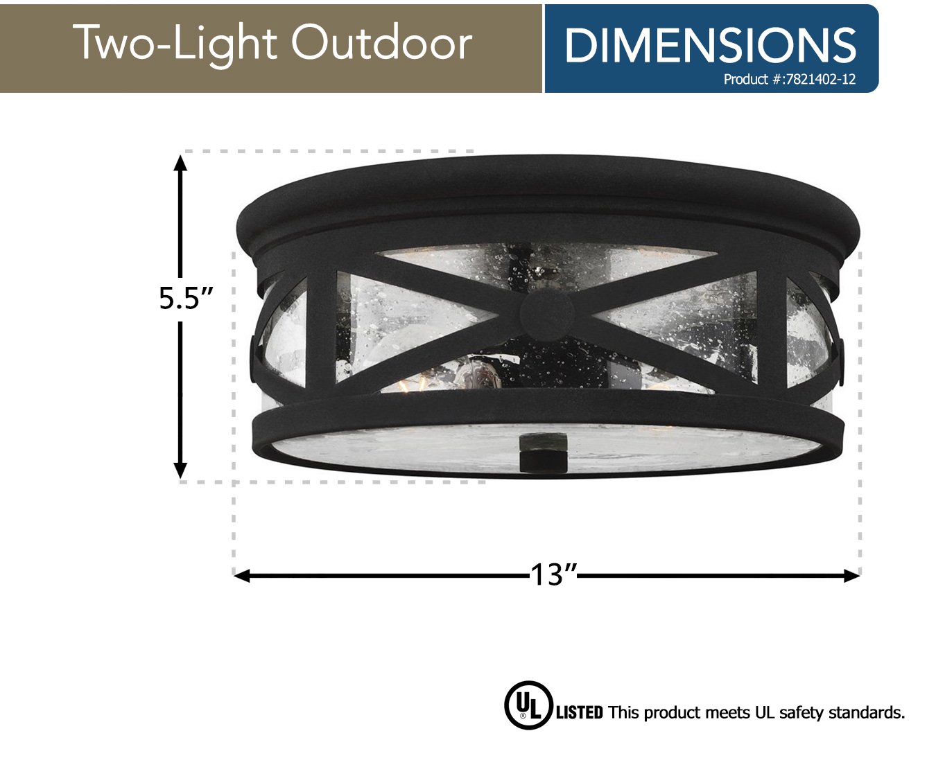 Sea Gull Lighting 7821402-12 Black Outdoor Flush Mount Ceiling Light Fixture - 2 Lights, Weatherproof for Porch, Patio & Garage Use