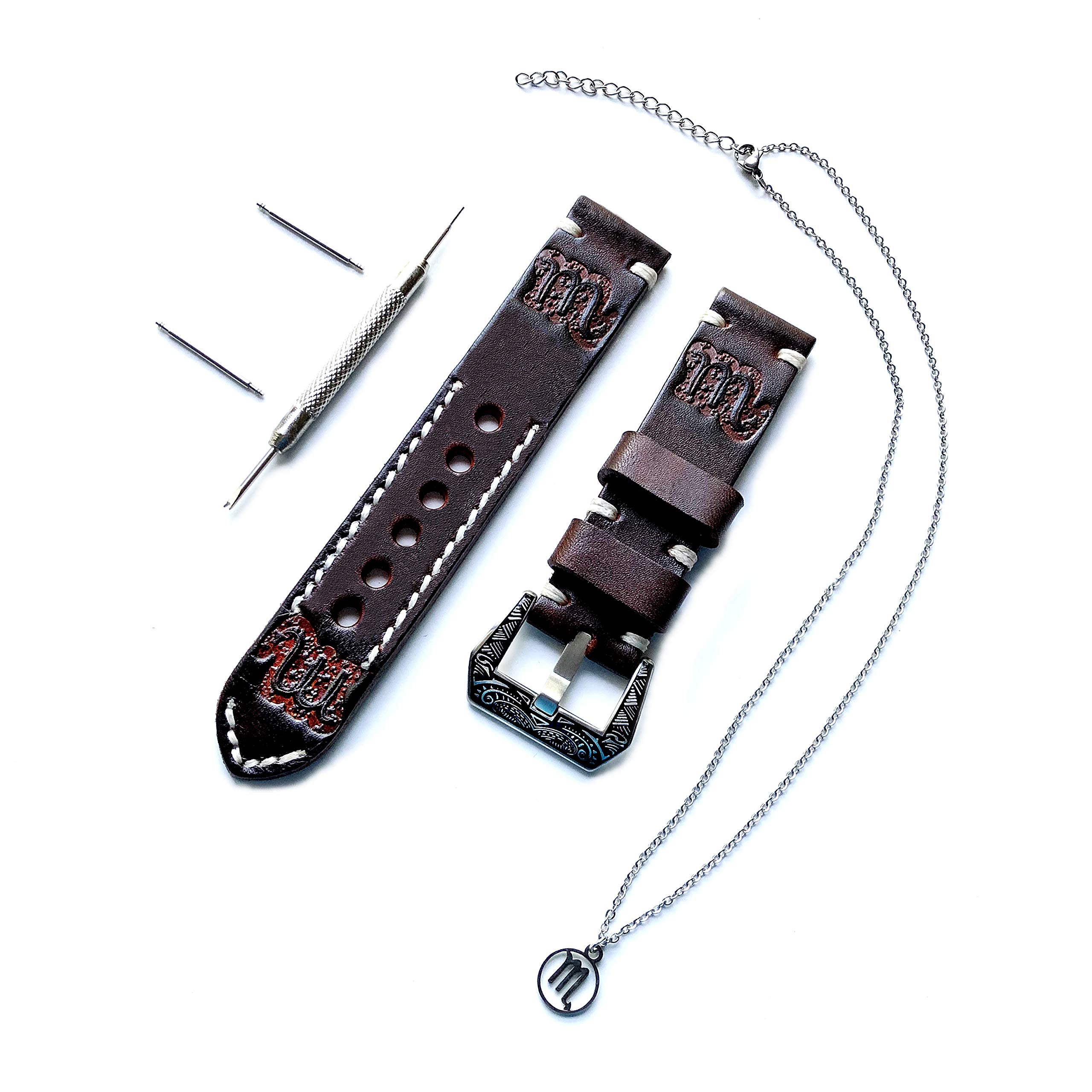 Scorpio Zodiac Leather Watch Band & Necklace Set – 22mm Genuine Brown Leather Tooled Embossed Bracelet with 25