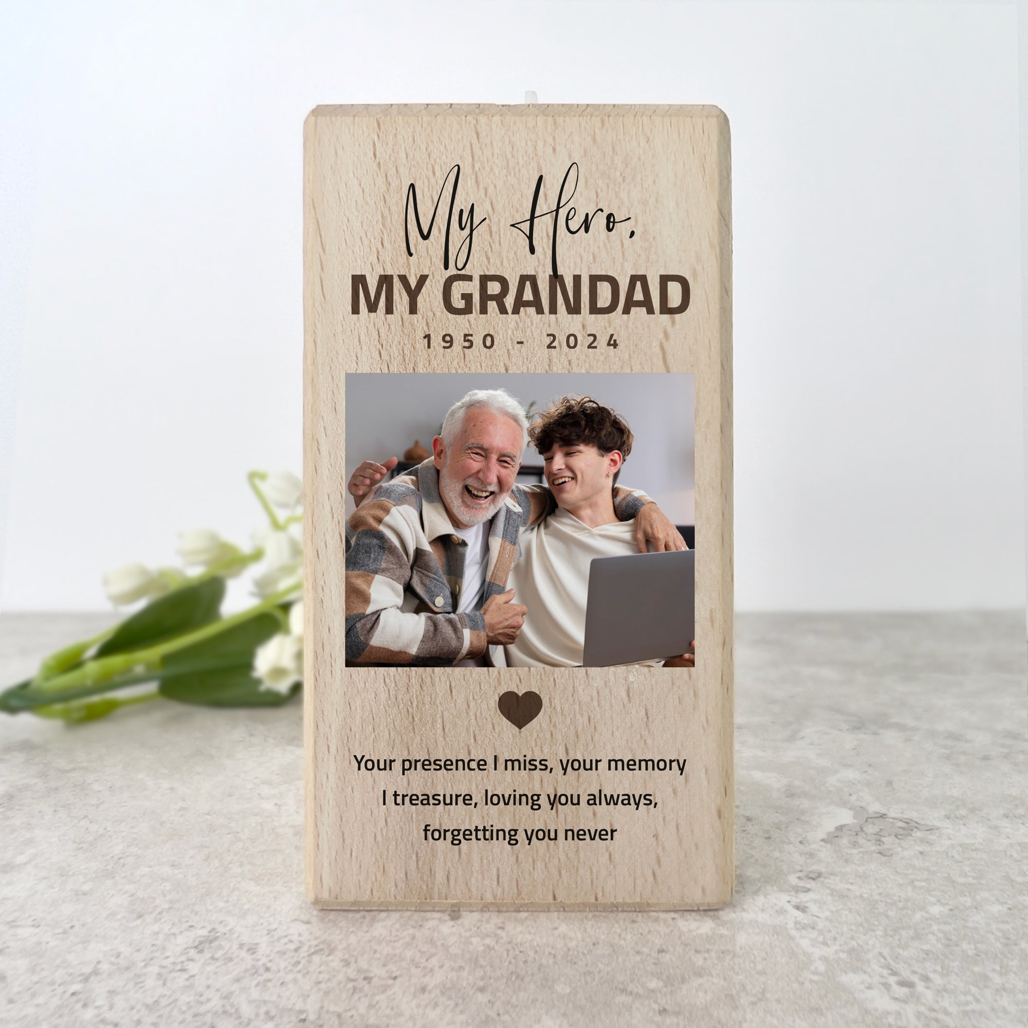 Personalized Memorial Bold Text Solid Wood Photo Tea Light Holder - 2 Sizes for Home Decor, Wedding Centerpiece & Memorial Candle Display