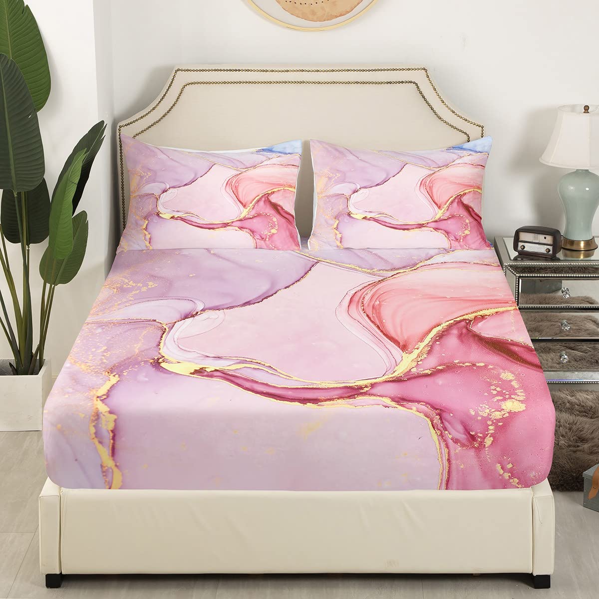 Pink Purple Gold Marble Bed Sheets Set - Soft Modern Marble Pattern Queen Size 4-Piece Bedding (1 Fitted Sheet, 1 Flat Sheet, 2 Pillowcases) for Girls Room, Teen Bedroom & Guest Room Decor
