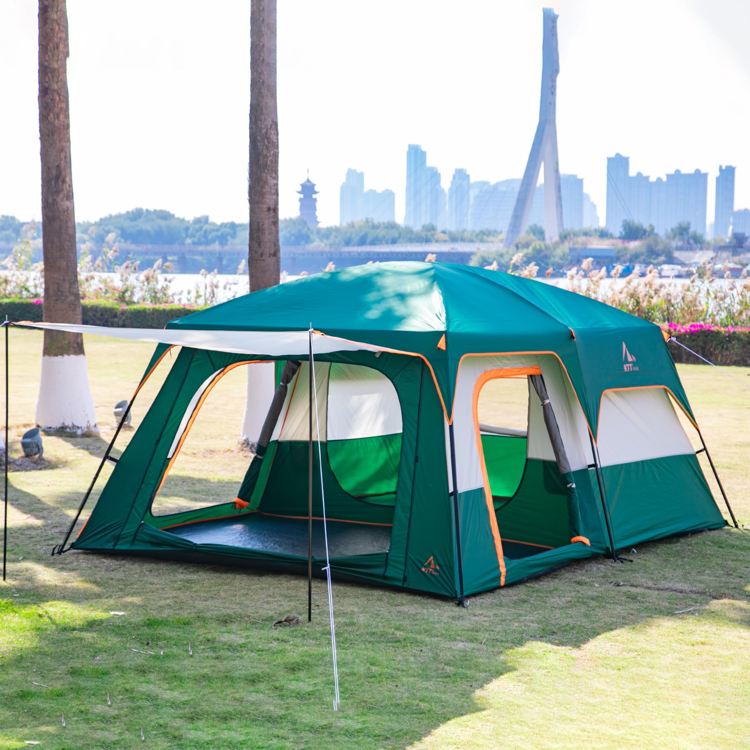 KTT Extra Large Family Cabin Tent for 10-12-14 People (Style-B) - 2 Rooms, 3 Doors & 3 Windows with Mesh, Straight Wall Design, Waterproof Double Layer - Perfect for Camping, Picnics, Outdoor Adventures & Family Gatherings