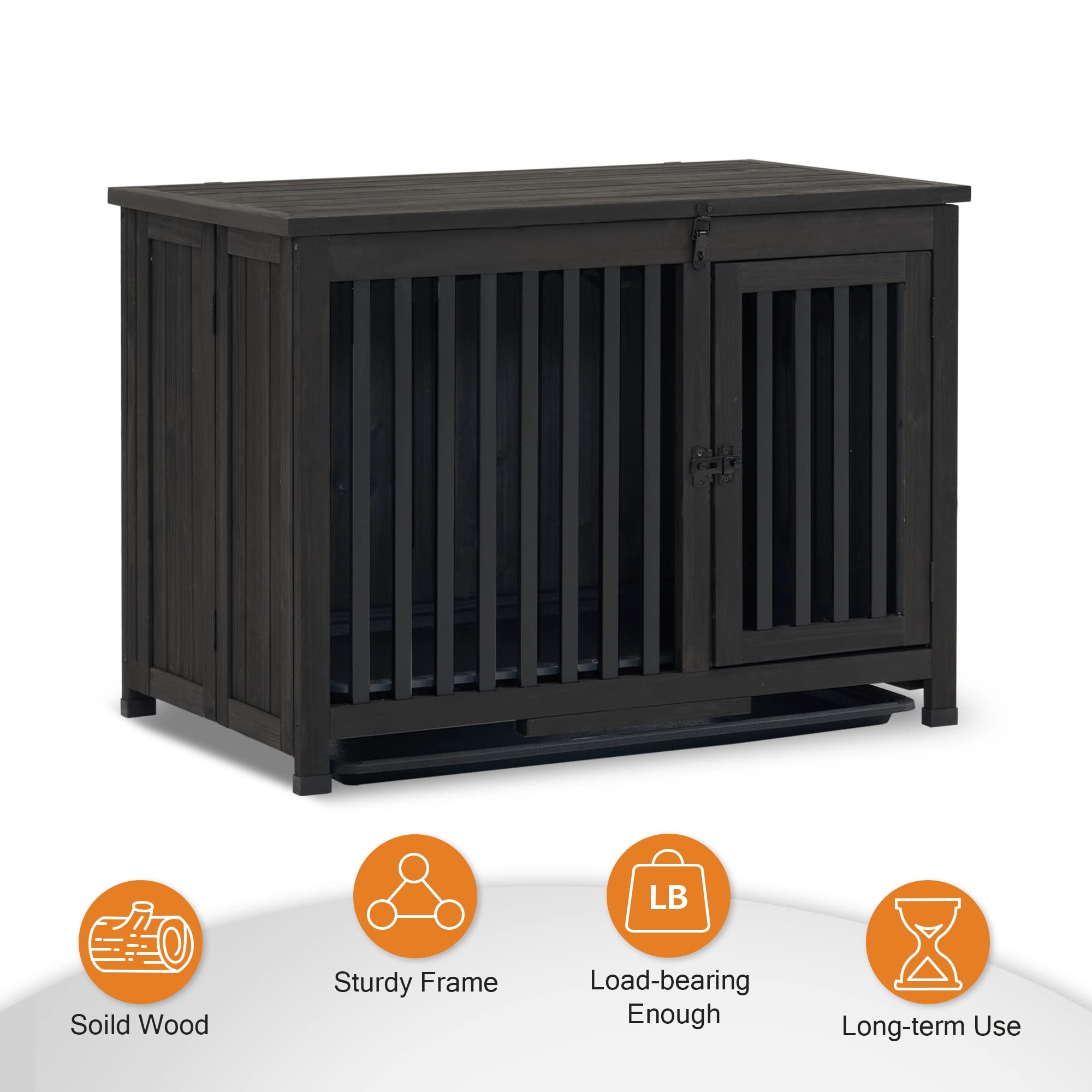 MCombo Solid Wood Dog Crate Furniture - Portable Foldable Indoor Dog Kennel End Table with Removable Tray | Medium Size, Black | Perfect for Living Room, Bedroom & Home Decor