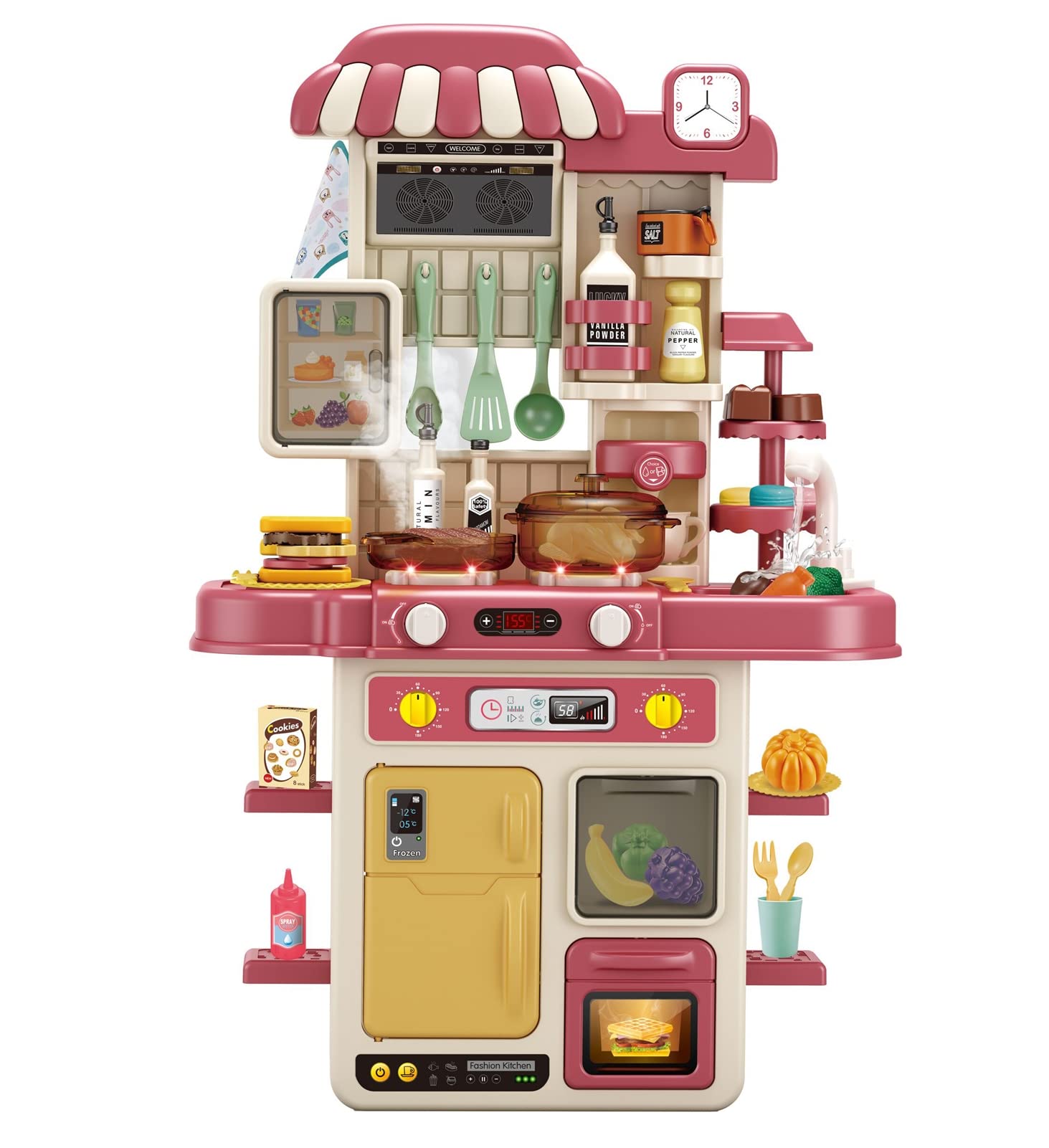 DQQ Kids Kitchen Playset Toys for Ages 3+ - Chef Role Play Set with Lights, Sounds & 48pc Food Molds Accessories - Pretend Cooking Fun for Toddlers & Preschoolers