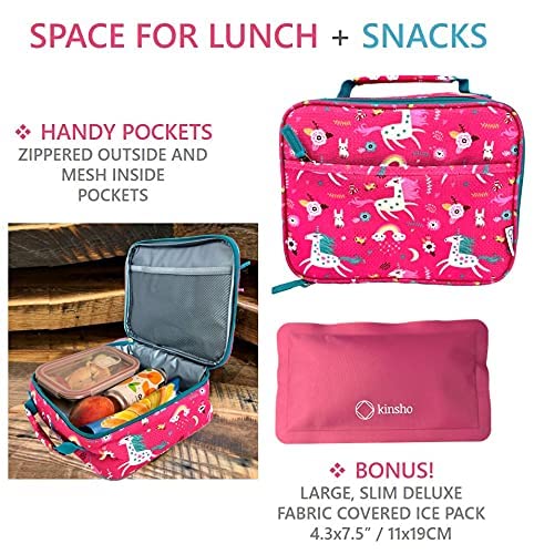 Kinsho Insulated Lunch Bag with Water Bottle & Ice Pack Set - Cute Pink Unicorn Lunch Box for Girls, School, Toddler Daycare - Perfect for Kids Lunches, Snacks & Picnics