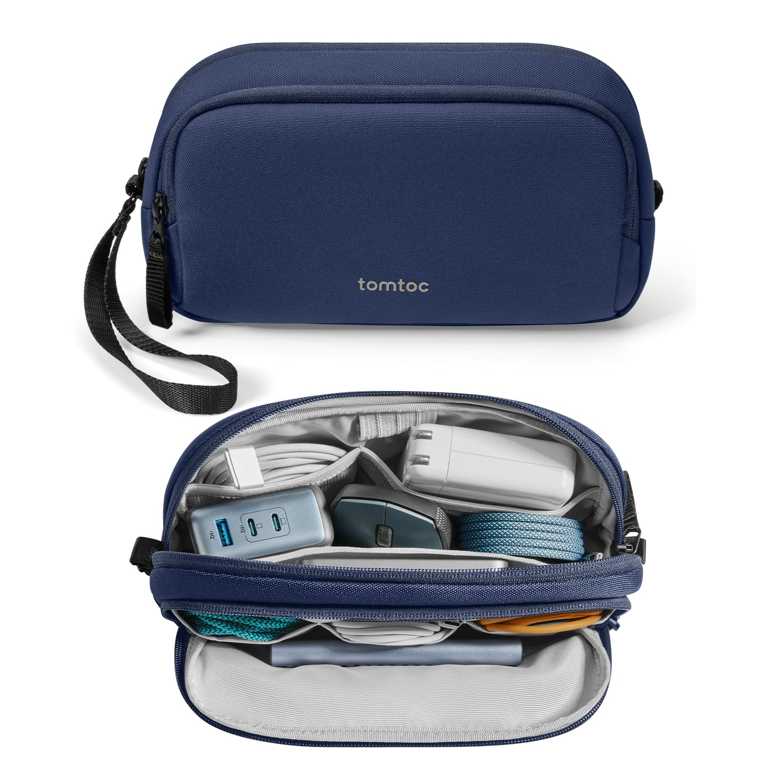 tomtoc Waterproof Tech Organizer - Dual Compartment Travel Cable Storage Bag for Charger, Cord, Phone, Hard Drive & Power Bank | Perfect for Business Trips, Daily Commute & Electronic Accessories Organization