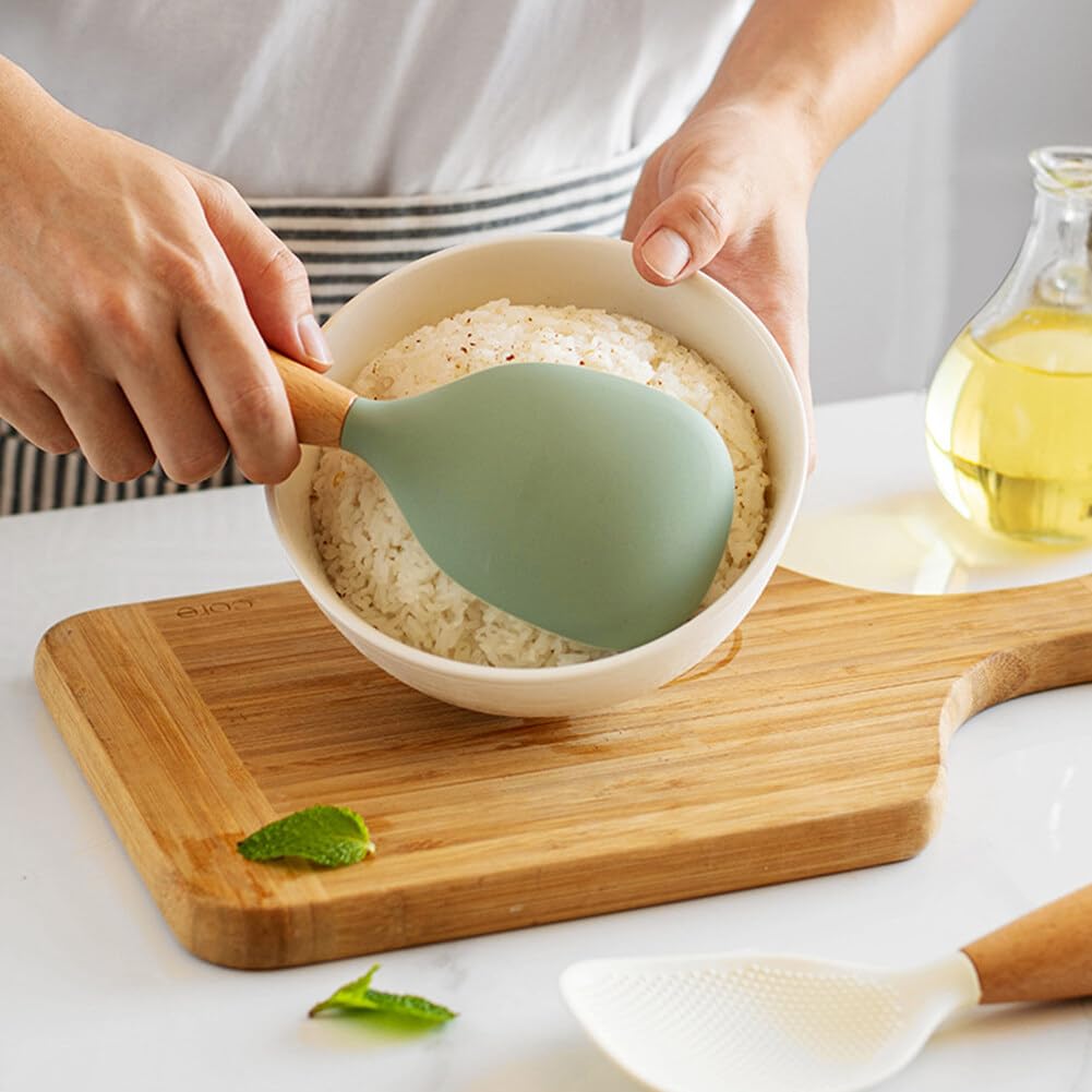 Non-Stick Vertical Rice Paddle Spoon with Wooden Handle - Stand Up Serving Spoon & Kitchen Spatula for Cooking Rice, Stirring, and Serving - Perfect for Rice Cookers, Pots, and Everyday Kitchen Use