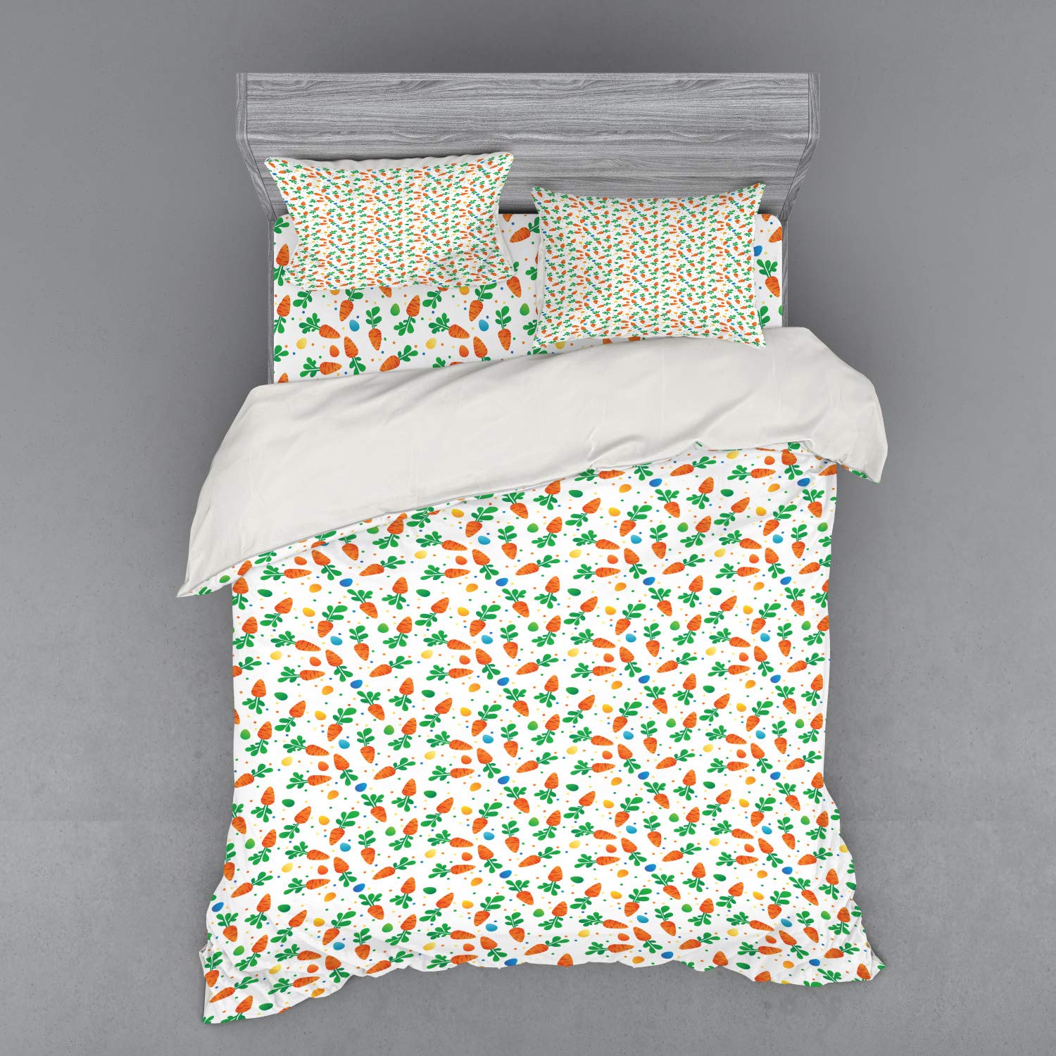 Ambesonne Easter Bedding Set - 3 Piece Queen Size Duvet Cover with Sham & Fitted Sheet, Minimalist Orange Carrots & Colorful Polka Dot Eggs Design, Spring Seasonal Decor for Holiday Home Bedroom Decorating
