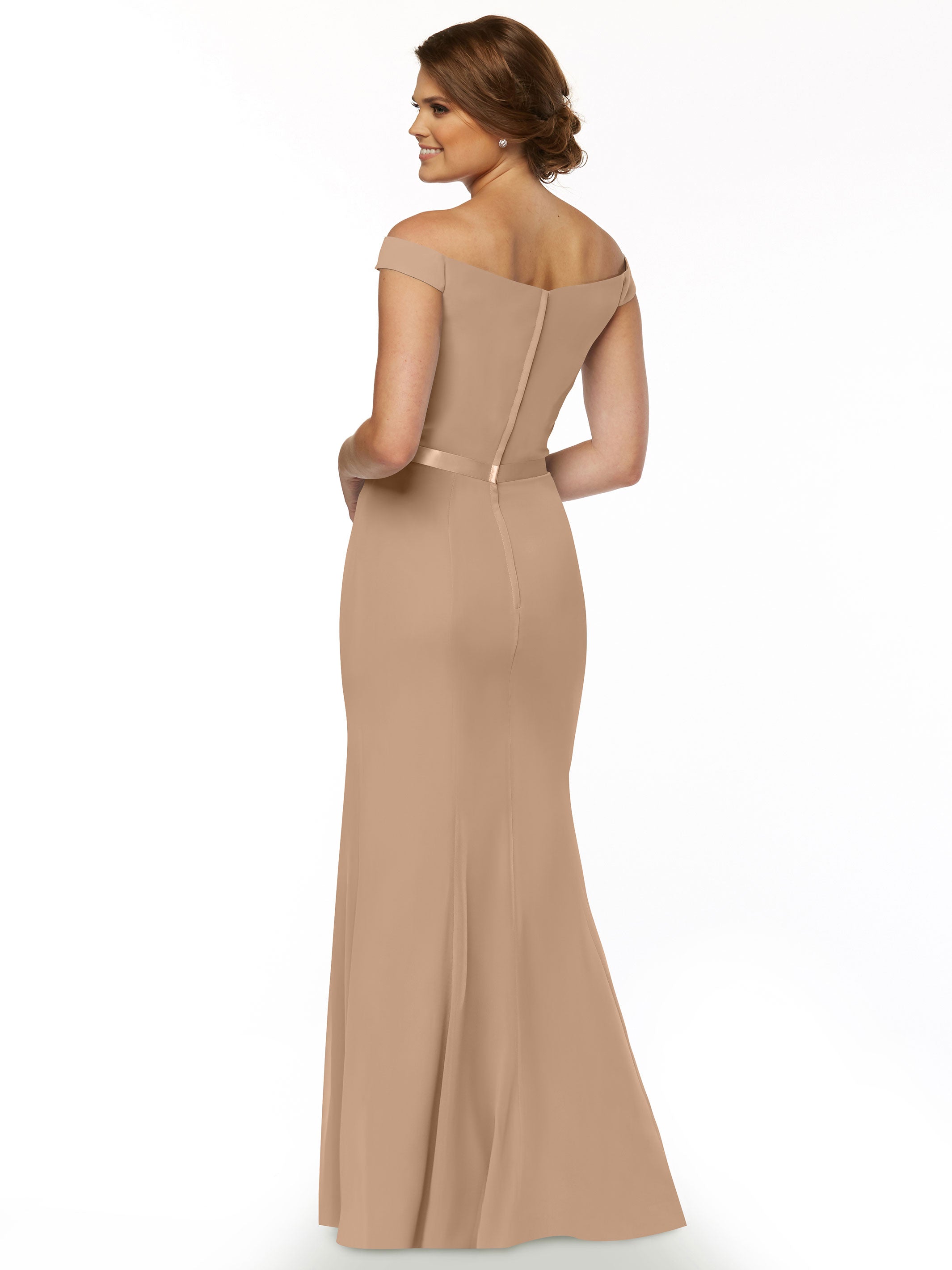 Elegant Off-The-Shoulder Chiffon Bridesmaid Dress with Ribbon Belt - A-Line Fit & Flare Design for Weddings, Parties & Special Occasions