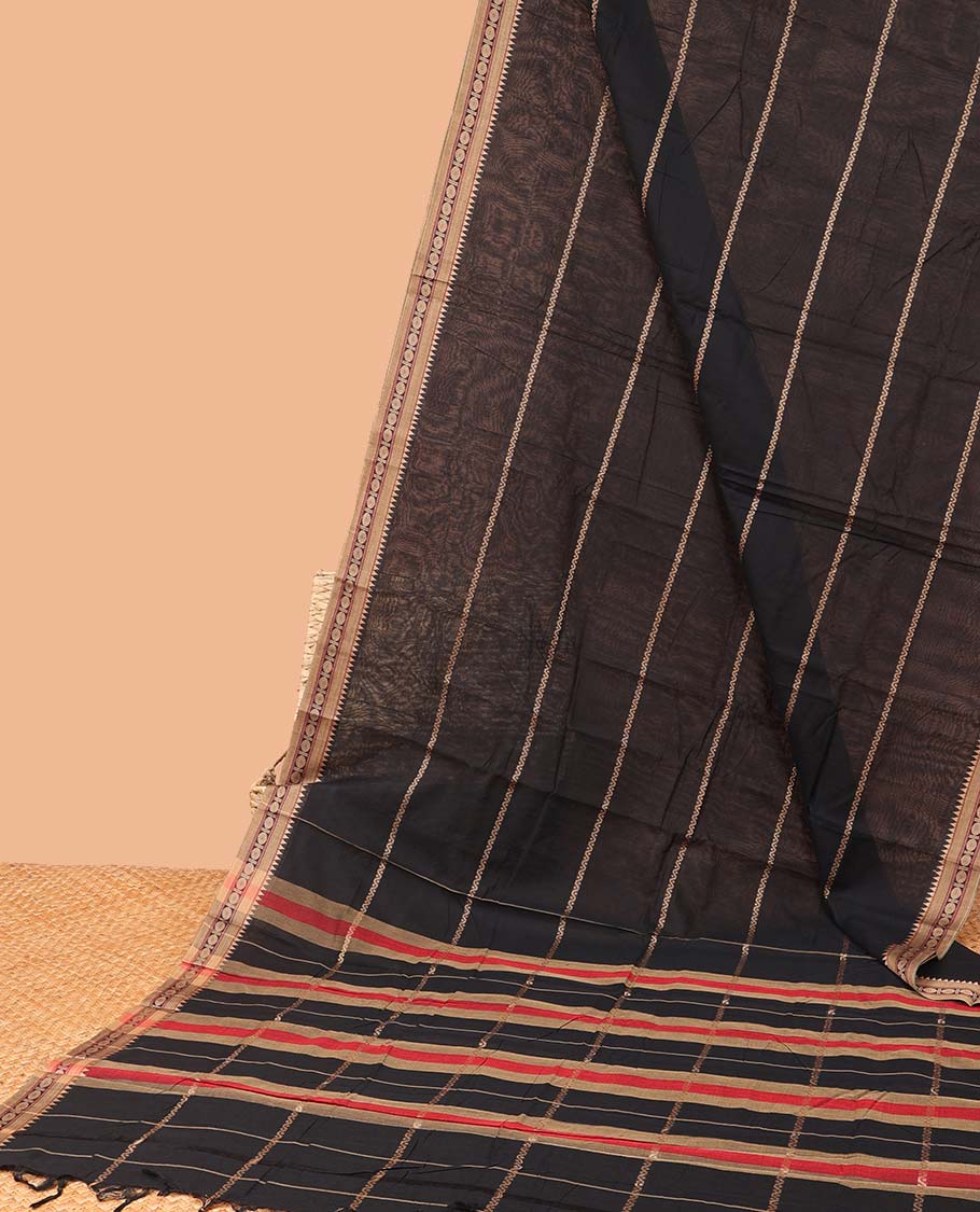 Black Striped Narayanapet Cotton Saree with Traditional Motifs Border & Striped Pallu - Elegant Indian Ethnic Wear for Weddings, Festivals & Cultural Events