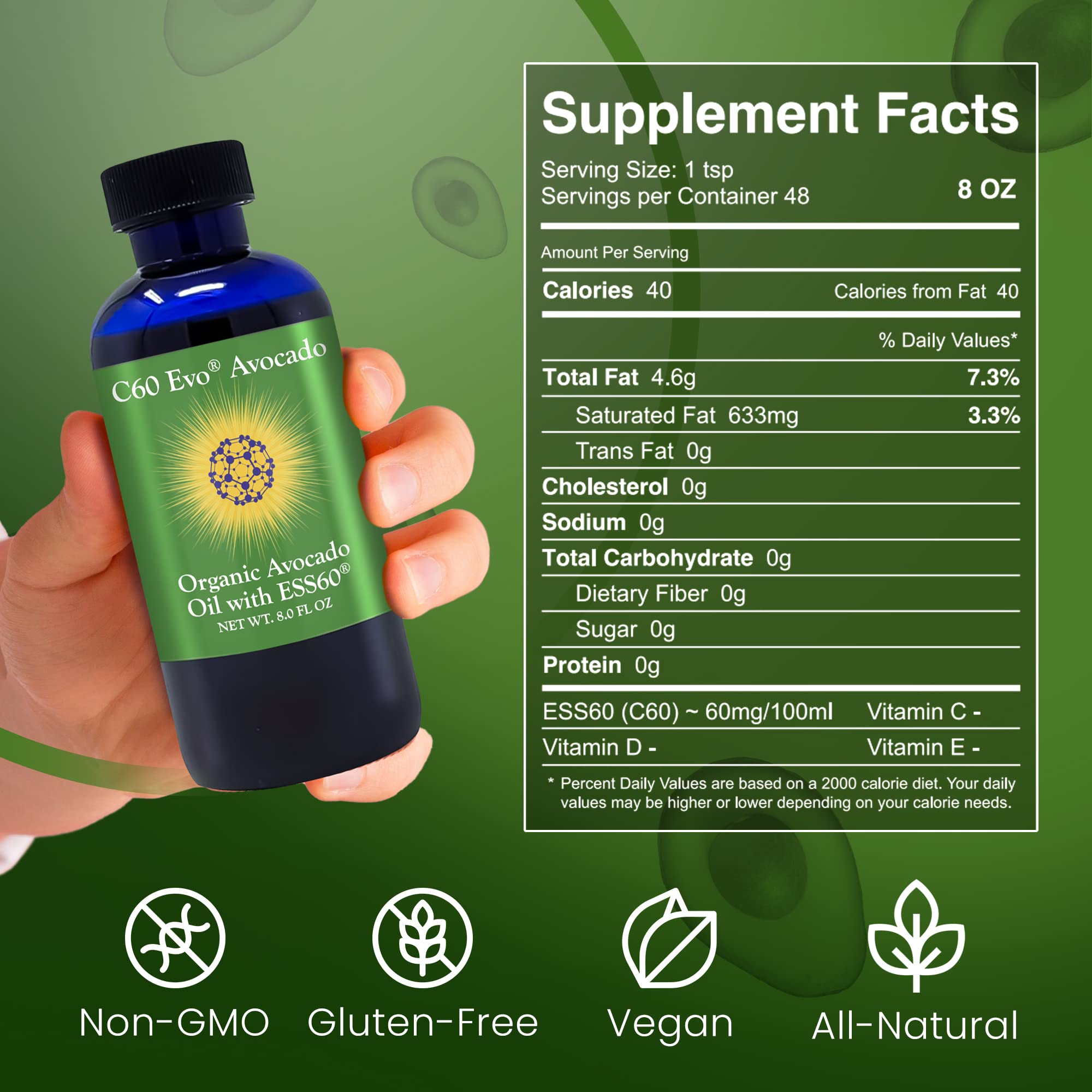 **Organic Avocado Oil, 100% Pure, Rich in ESS60 (.6 mg/mL) – Supports Joint Health, Flexibility, Energy, Immunity & Sleep – 8 oz – Ideal for Cooking, Skincare & Wellness Supplements**