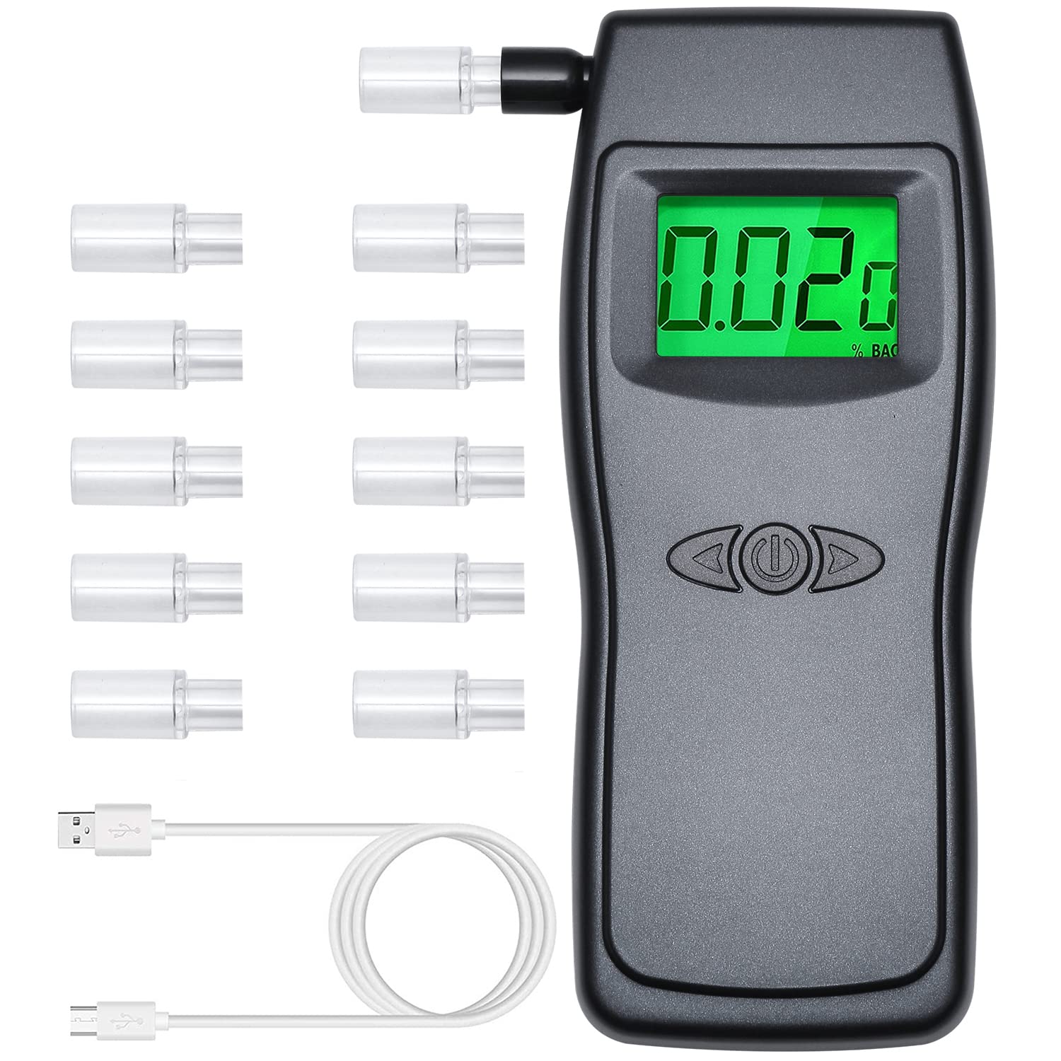 Professional Breathalyzer Alcohol Tester - USB Rechargeable Portable BAC Detector with 10 Disposable Mouthpieces | Accurate Personal & Workplace Alcohol Testing | Perfect for Drivers, Safety Officers & Party Use - BELLADDY INC EK923