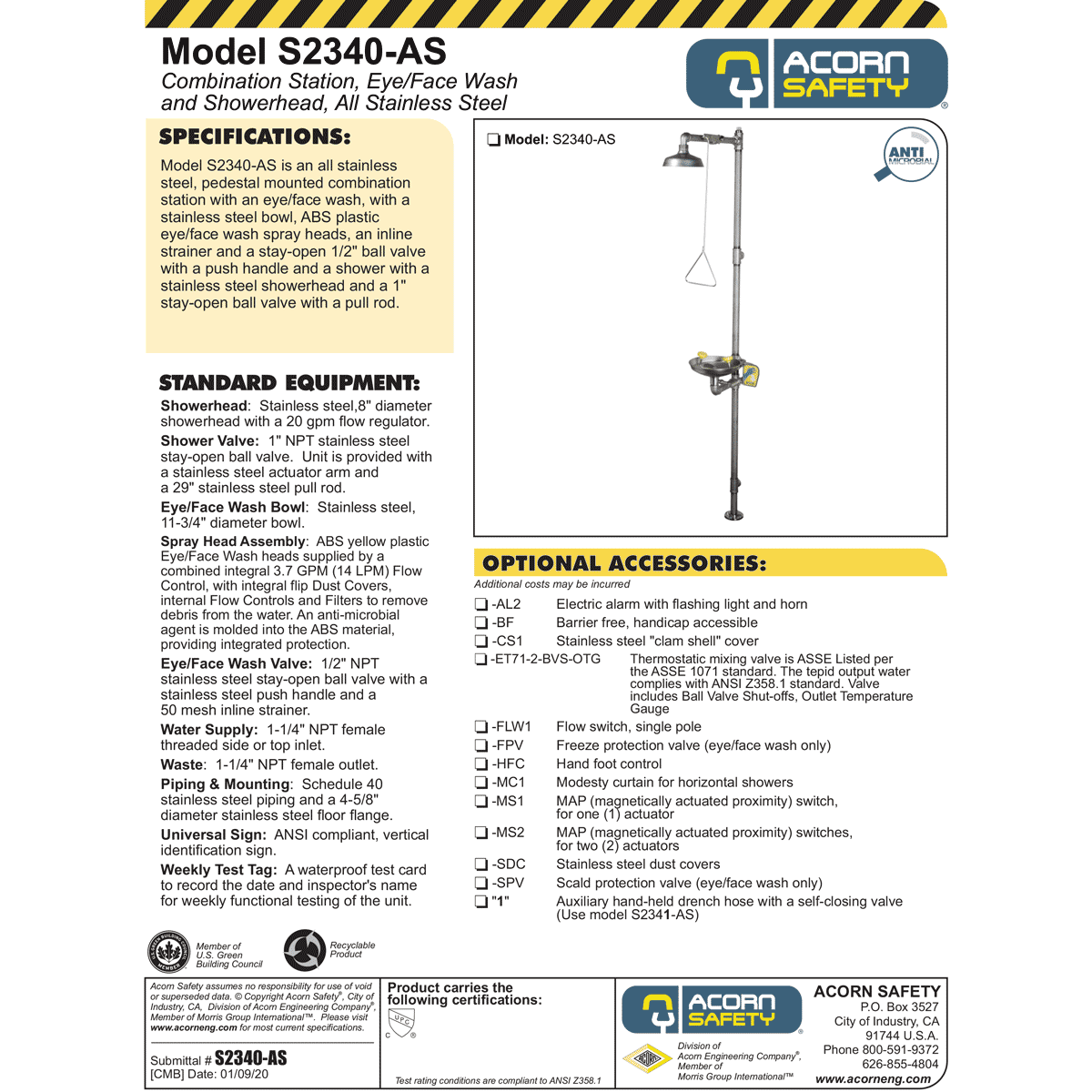 Acorn S2340 AS Stainless Steel Combination Eye & Face Wash Emergency Shower Station - ANSI Compliant for Workplace Safety, Labs & Industrial Use