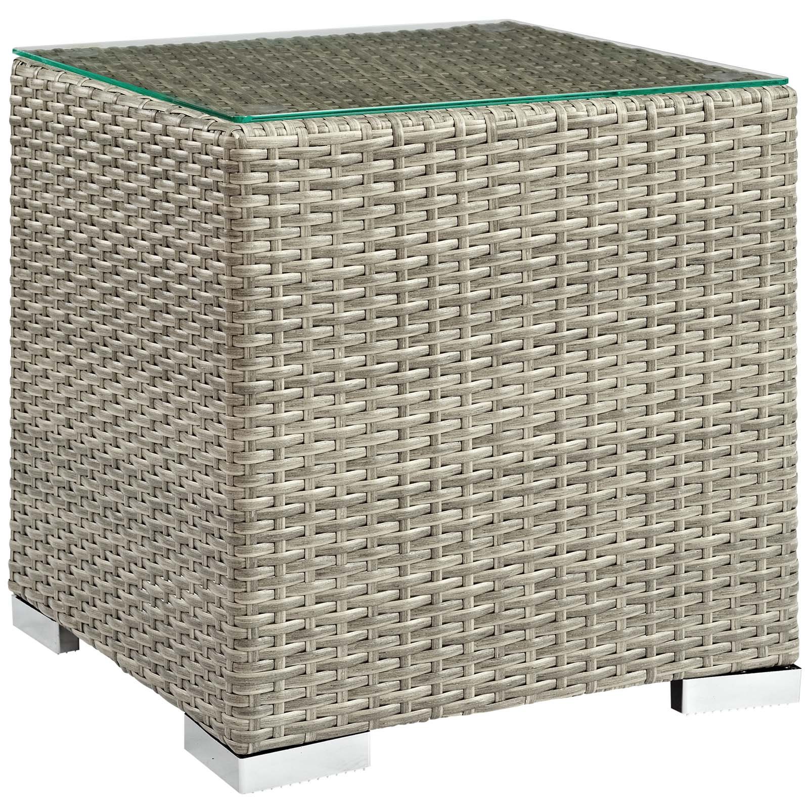 Modway Repose Light Gray Wicker Rattan Outdoor Patio Side Table with Glass Top - Perfect for Poolside, Garden, and Backyard Relaxation