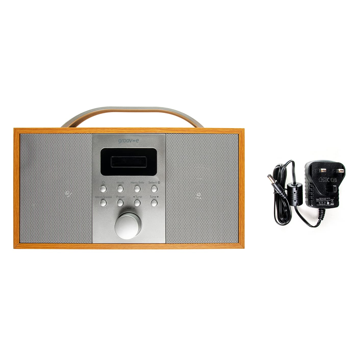 Groov-e Boston Wooden DAB & FM Digital Radio with Bluetooth, Alarm Clock, LCD Display - Portable Wireless Radio for Home, Office, Travel - 40 Preset Stations, Dynamic Range Control - Battery or Mains Powered