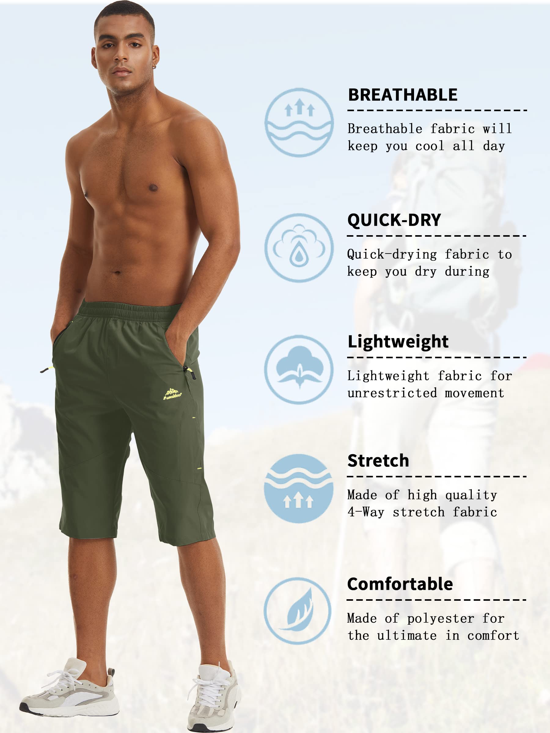 TACVASEN Men's Quick-Dry Hiking 3/4 Capri Shorts with Zipper Pockets - Lightweight Athletic Running & Workout Shorts for Outdoor Adventures, Gym & Travel