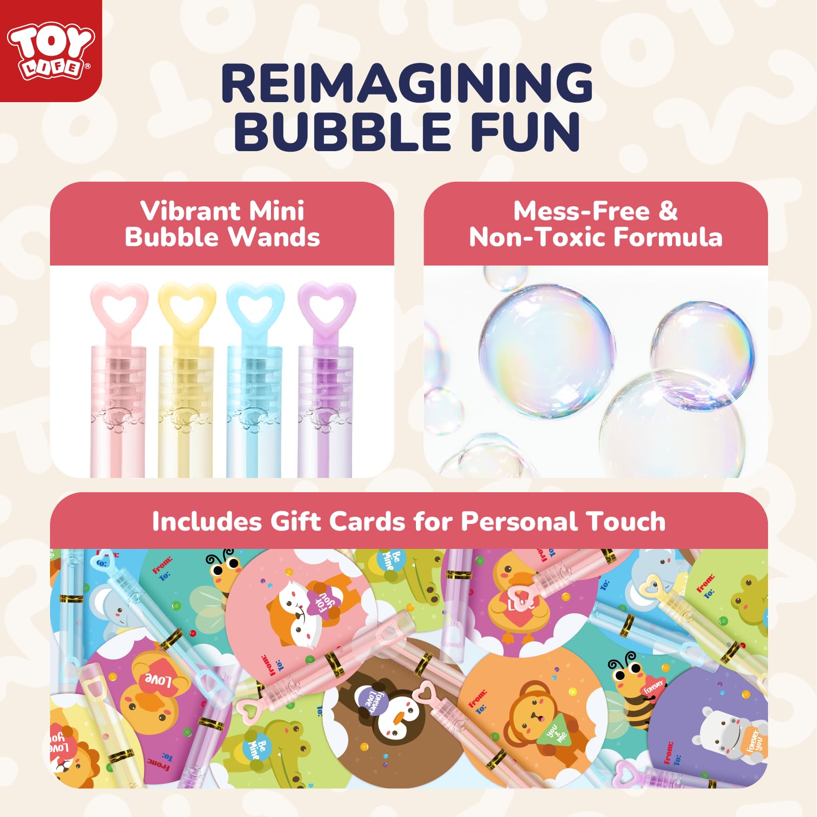 TOY Life 36 Pcs Mini Bubble Wands Set - Bulk Valentines Party Favors for Kids, Classroom Supplies with Valentine's Day Cards - Perfect for School Gift Exchange, Birthday Goodie Bags & Classroom Rewards | Fun Outdoor Play, Summer Activities & Kids Party Favors