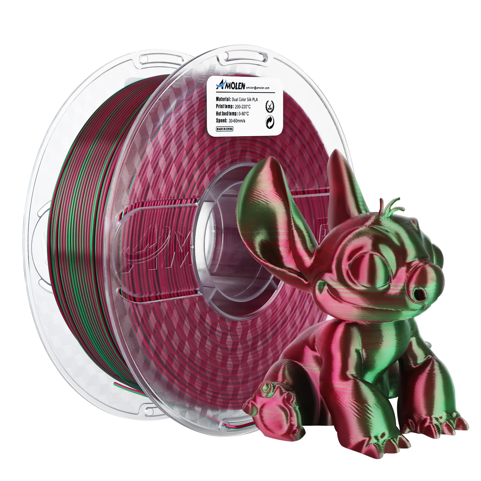 AMOLEN 3D Printer Filament PLA 1.75mm - Dual Color Silk Red & Green Filament 1KG/2.2lb for Smooth 3D Printing - Perfect for Cosplay Props, Home Decor & DIY Projects
