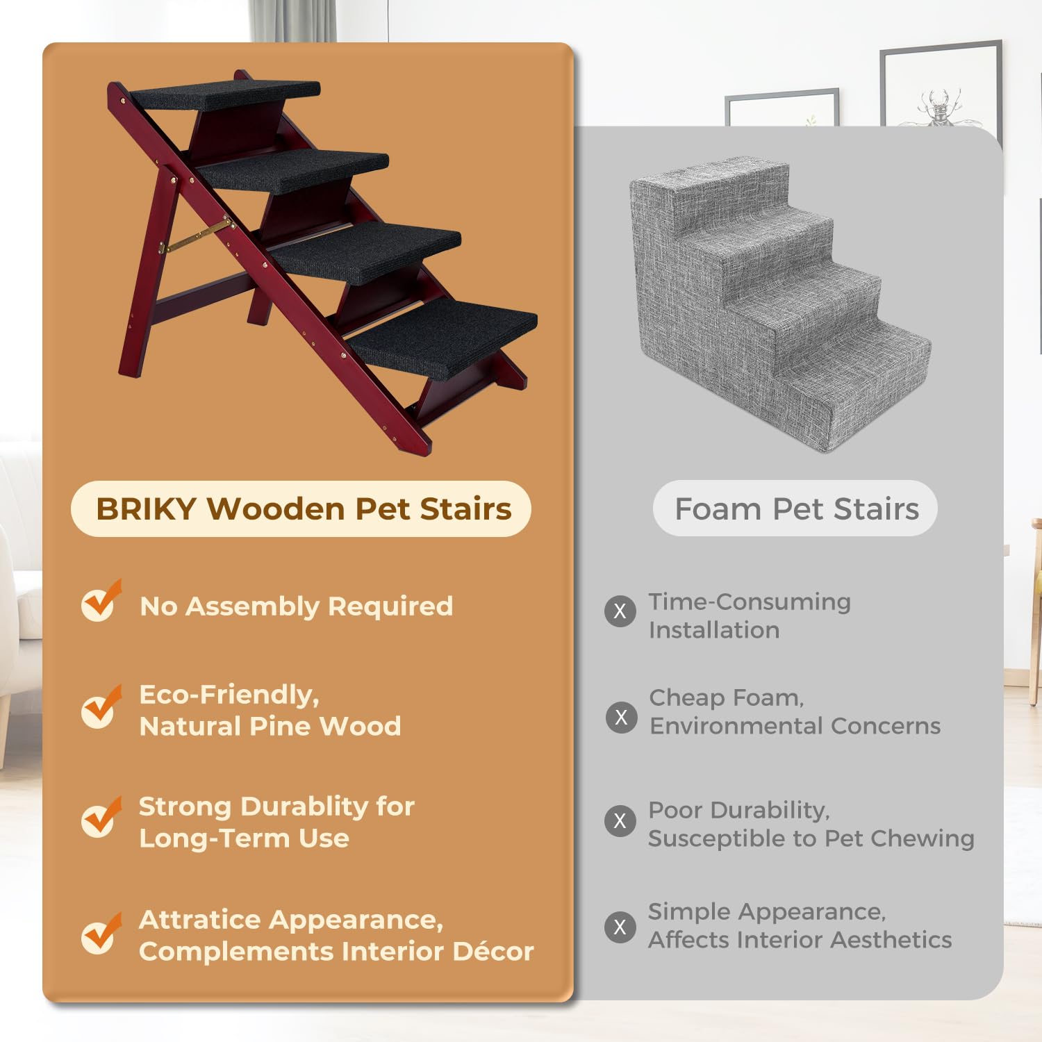 BRIKY Foldable 4-Step Wooden Pet Stairs for Dogs & Cats - Non-Slip Dog Steps for High Beds, Couches & Cars - No Assembly Required - Perfect for Small, Medium & Large Pets (Use for Bed Access, Car Entry & Sofa Climbing)